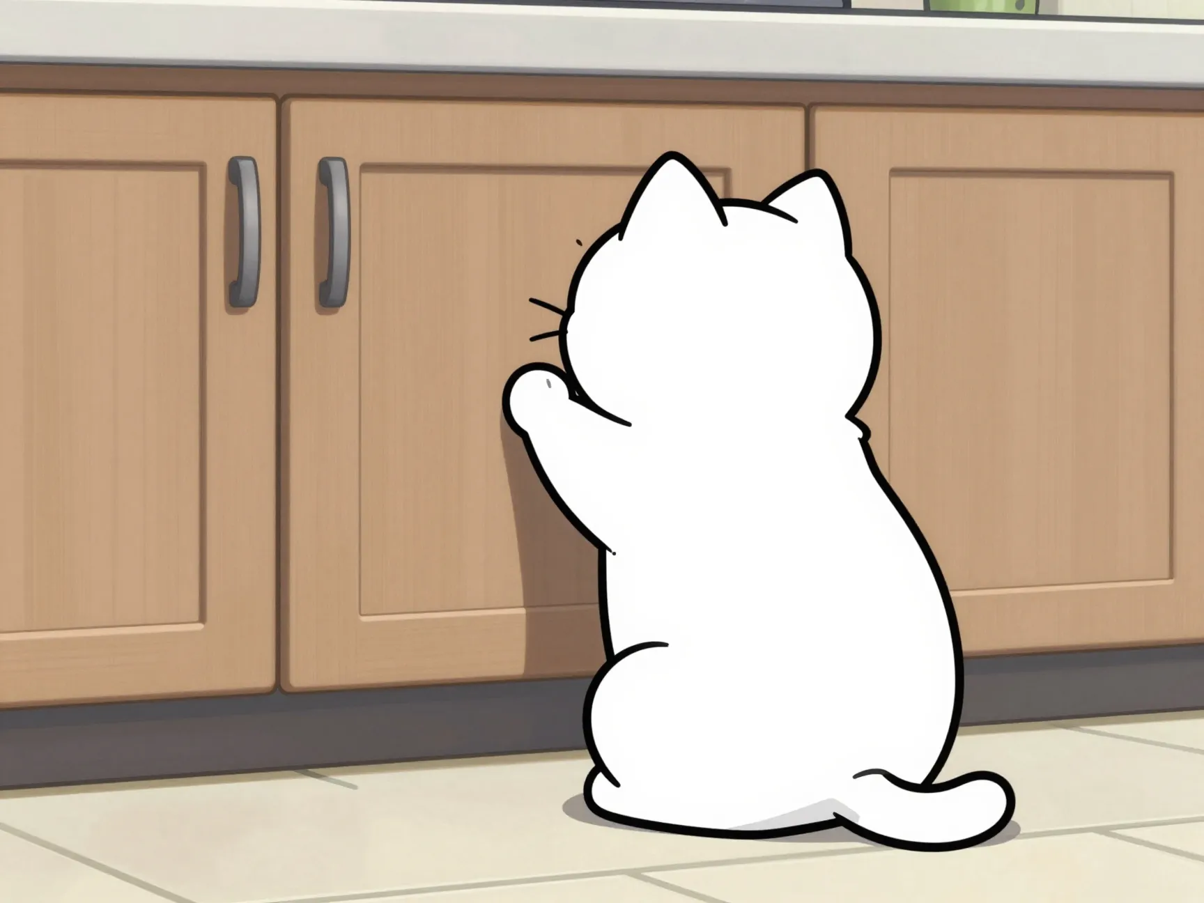 Simons cat staring at kitchen cabinet for food