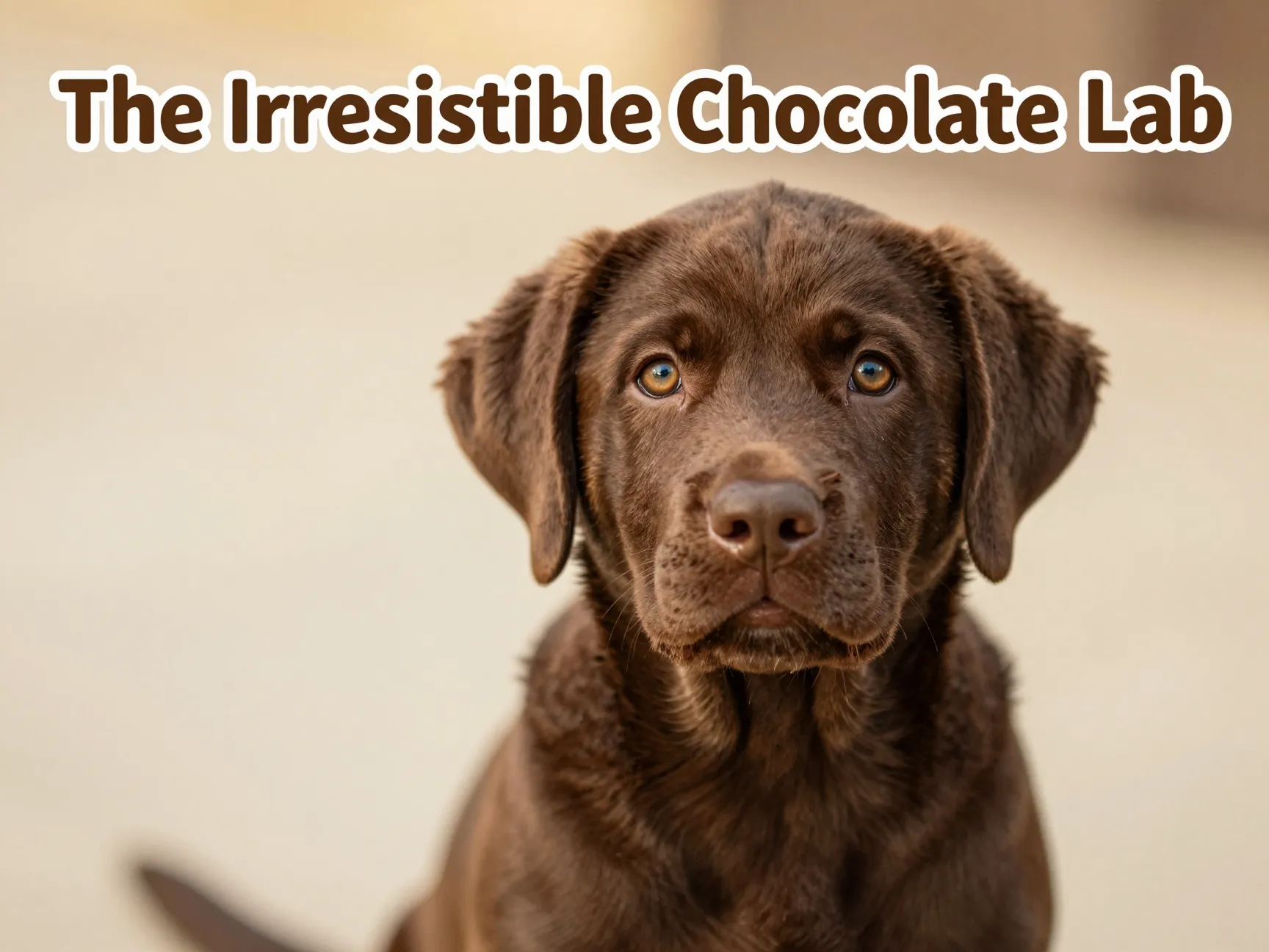 Chocolate lab puppy portrait soulful eyes golden light warm tones