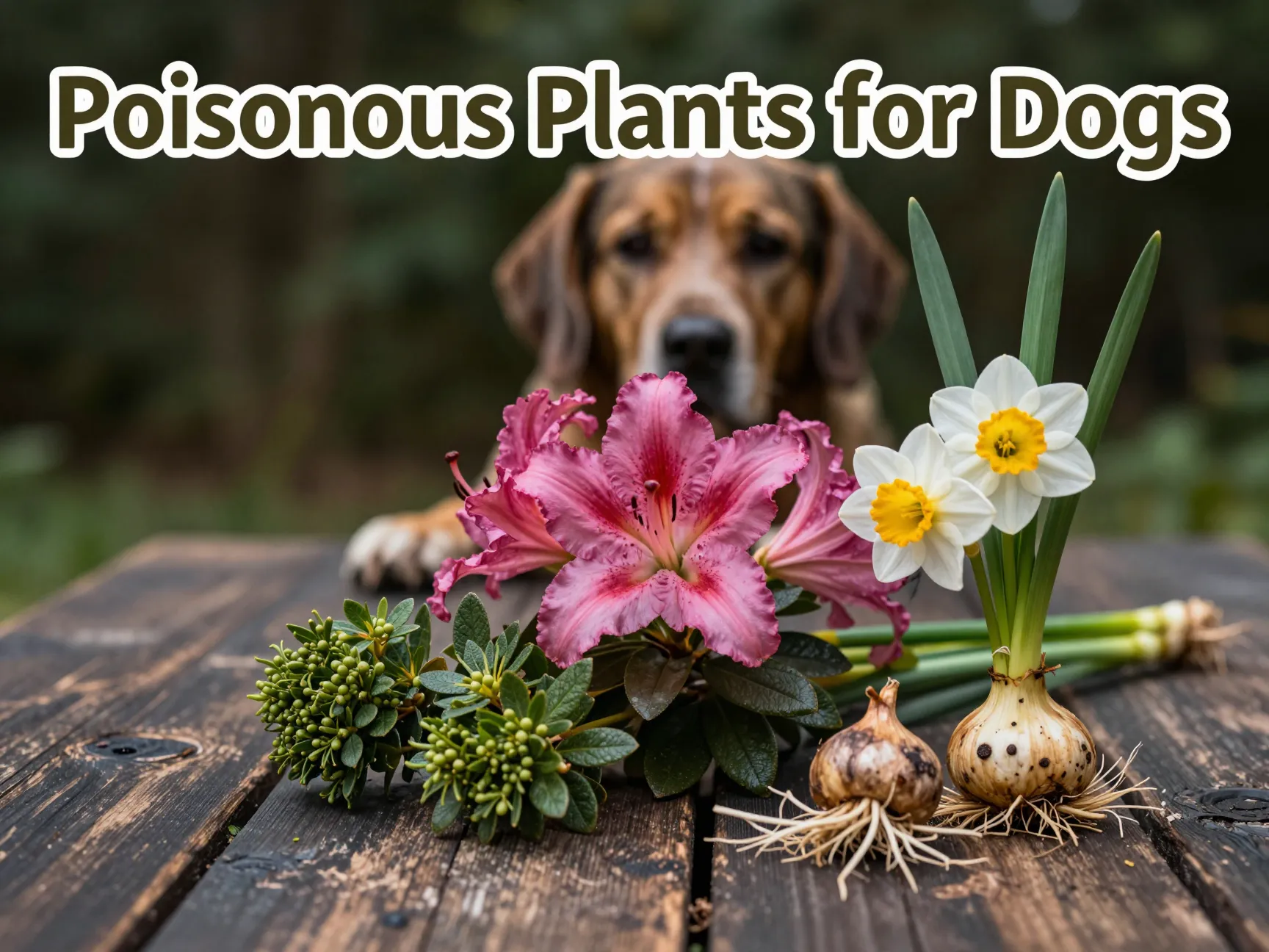 Vibrant toxic plants arranged on dark wood with blurred dog background