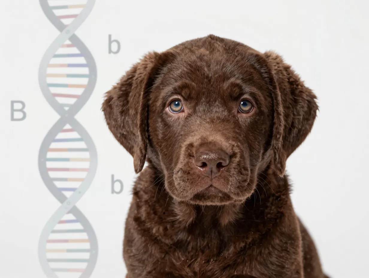 Close up of a chocolate lab puppy with a genetic diagram overlay