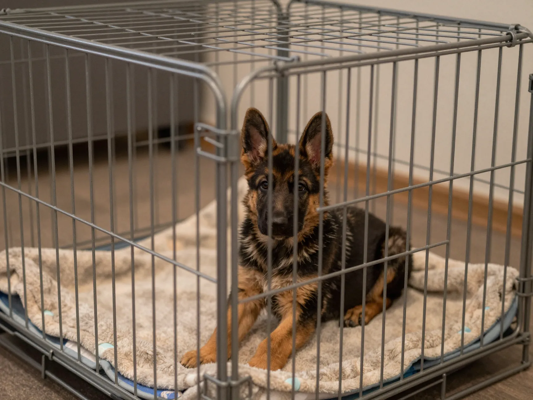 German shepherd puppy inside large crate with divider