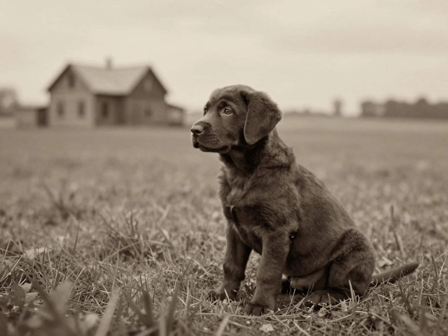 Historic sepia photograph of a rejected brown lab puppy in a field