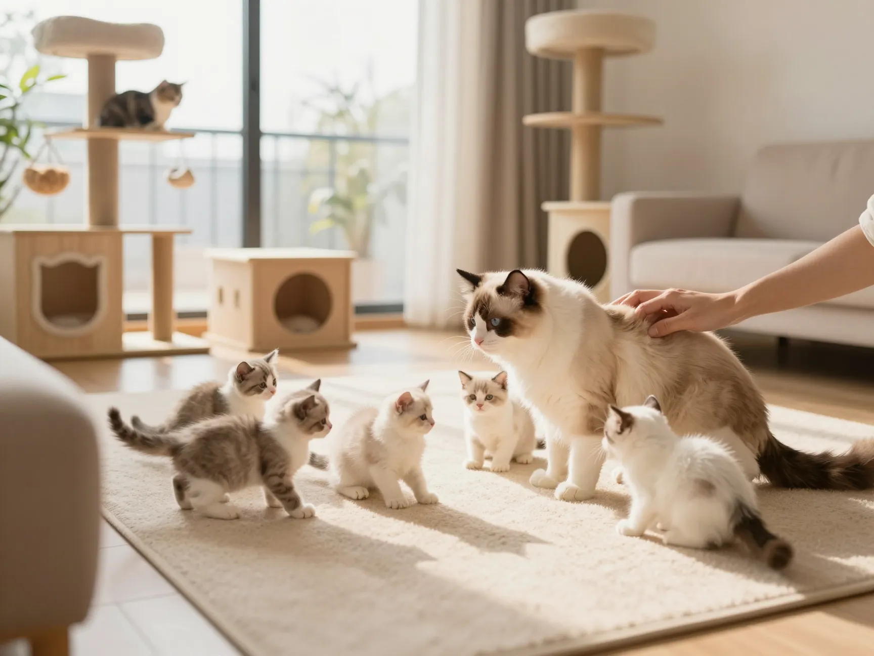 Mother ragdoll cat interacting with her kittens in a clean spacious home
