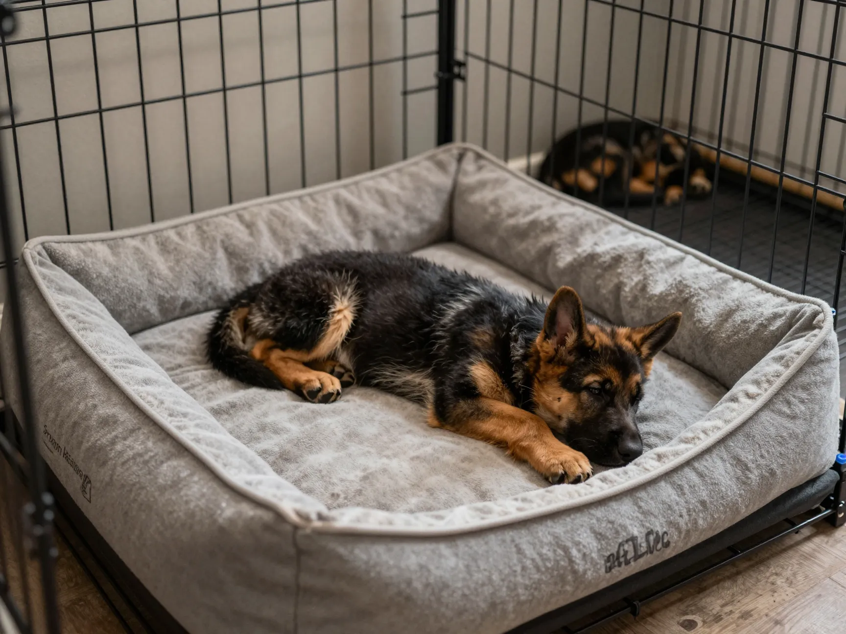 German shepherd puppy on orthopedic bed near crate