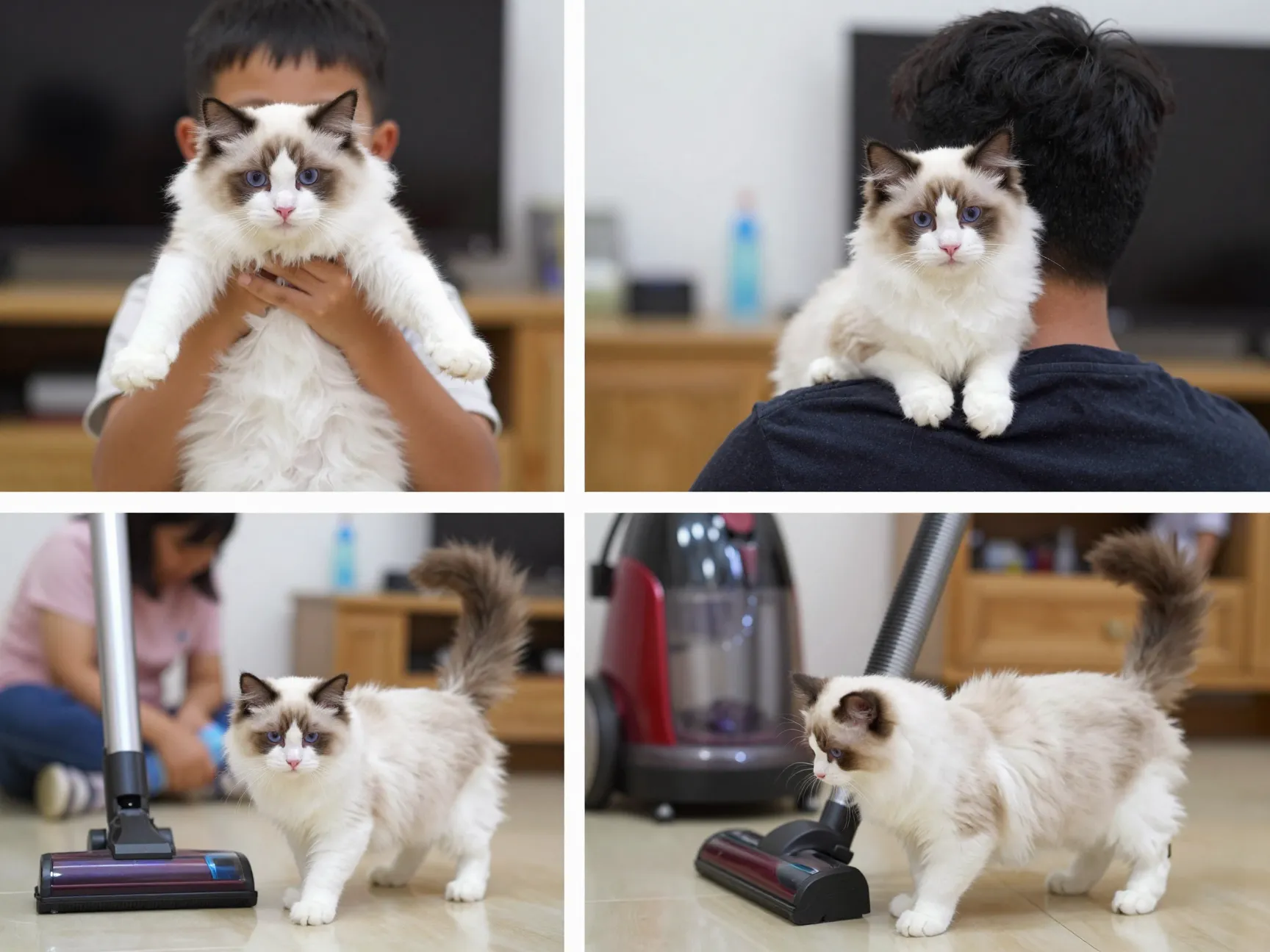 Ragdoll kittens being socialized with children men women household sounds