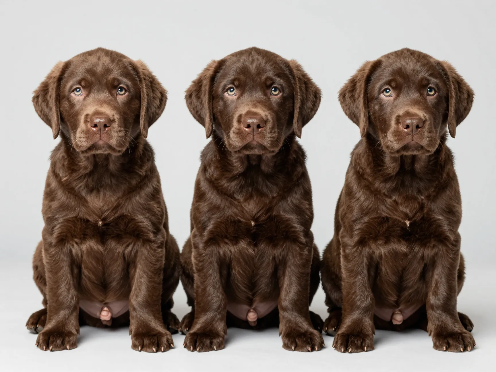 Three chocolate lab puppies showcasing consistent coat color variations