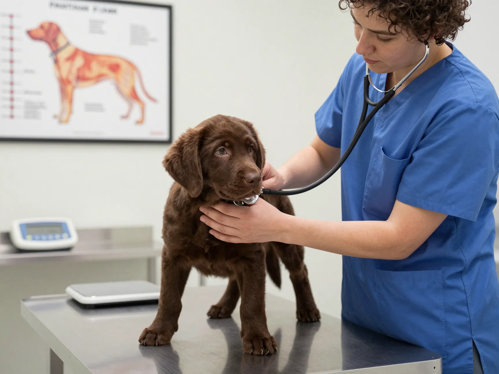 Chocolate lab puppy with a veterinarian during a health checkup