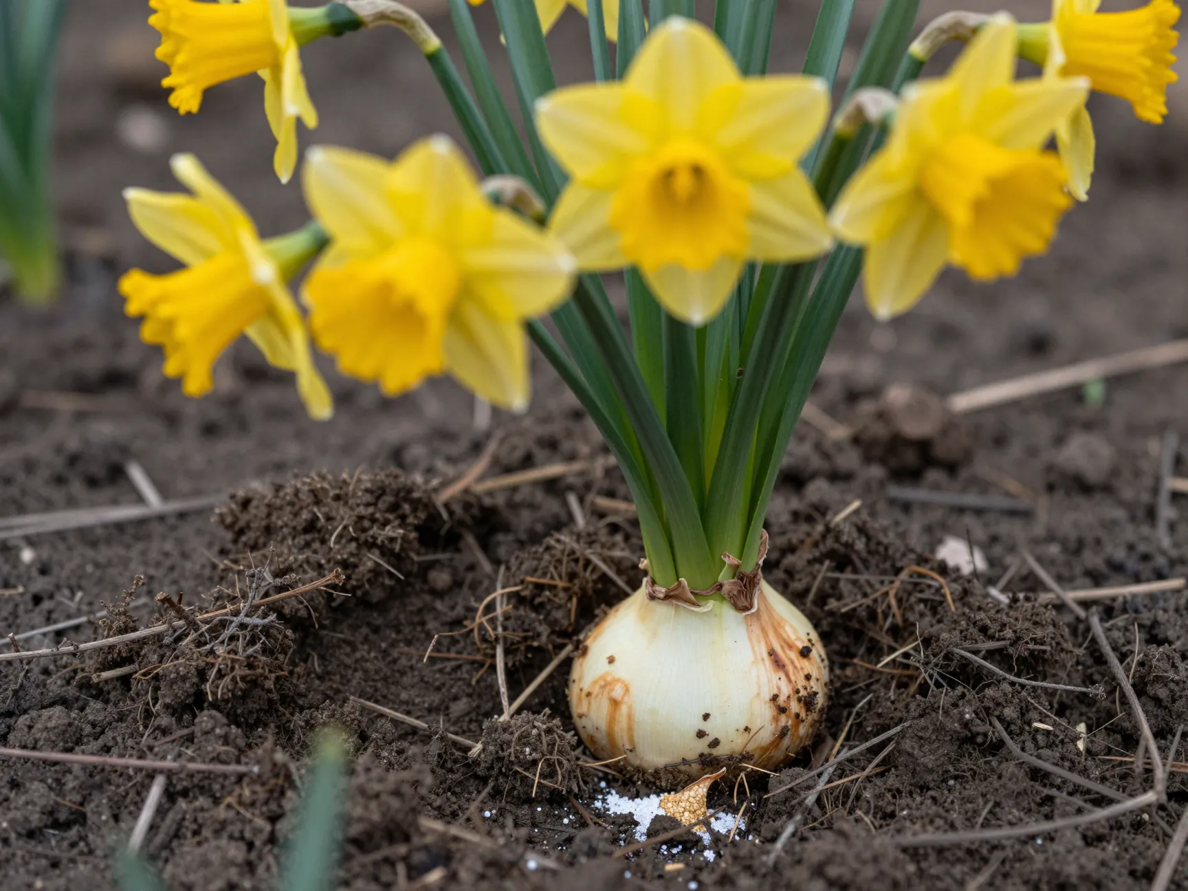 Daffodil flower cluster with yellow blooms and exposed bulb