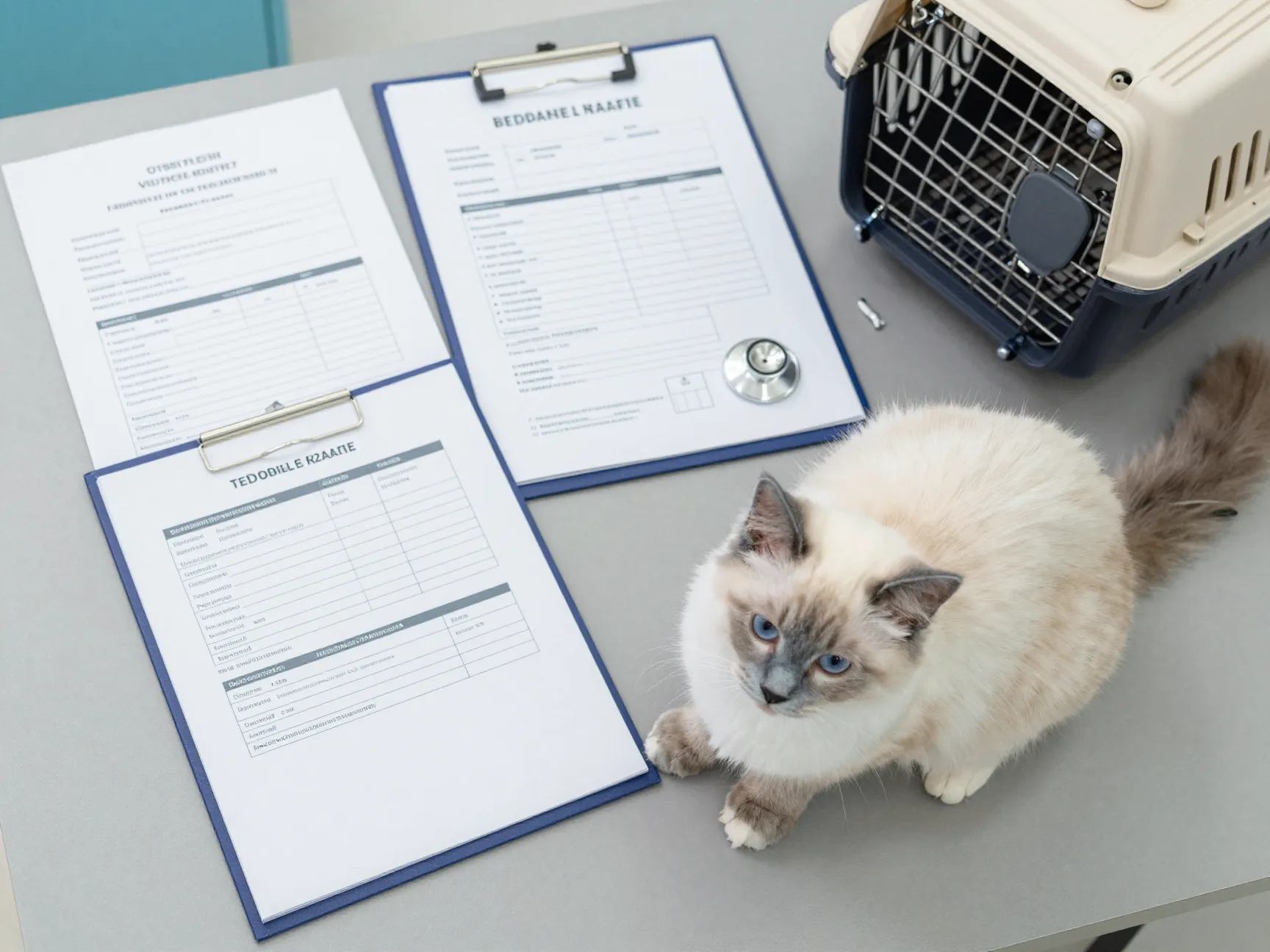 Veterinary clinic examination table with ragdoll kitten vaccination documents
