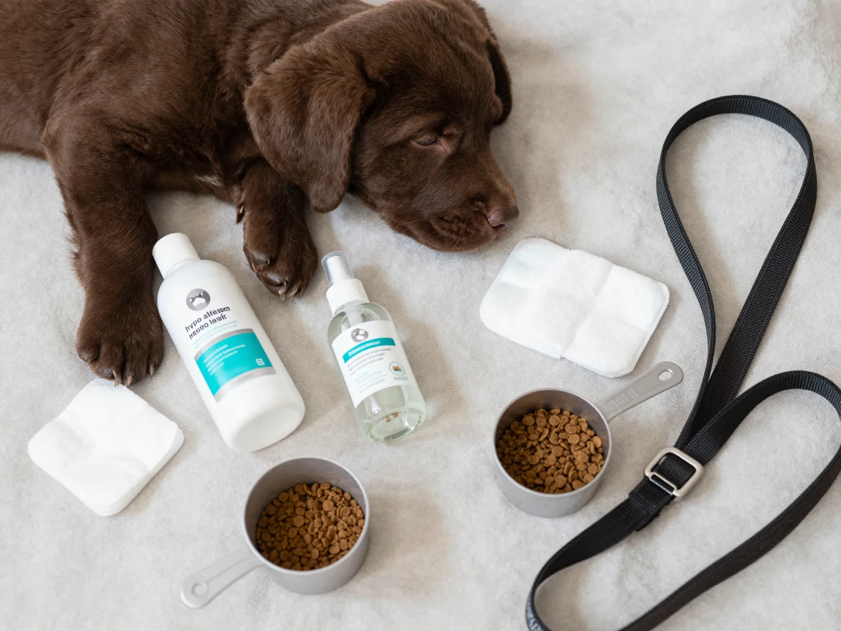Chocolate lab puppy with sensitive skin and ear care products