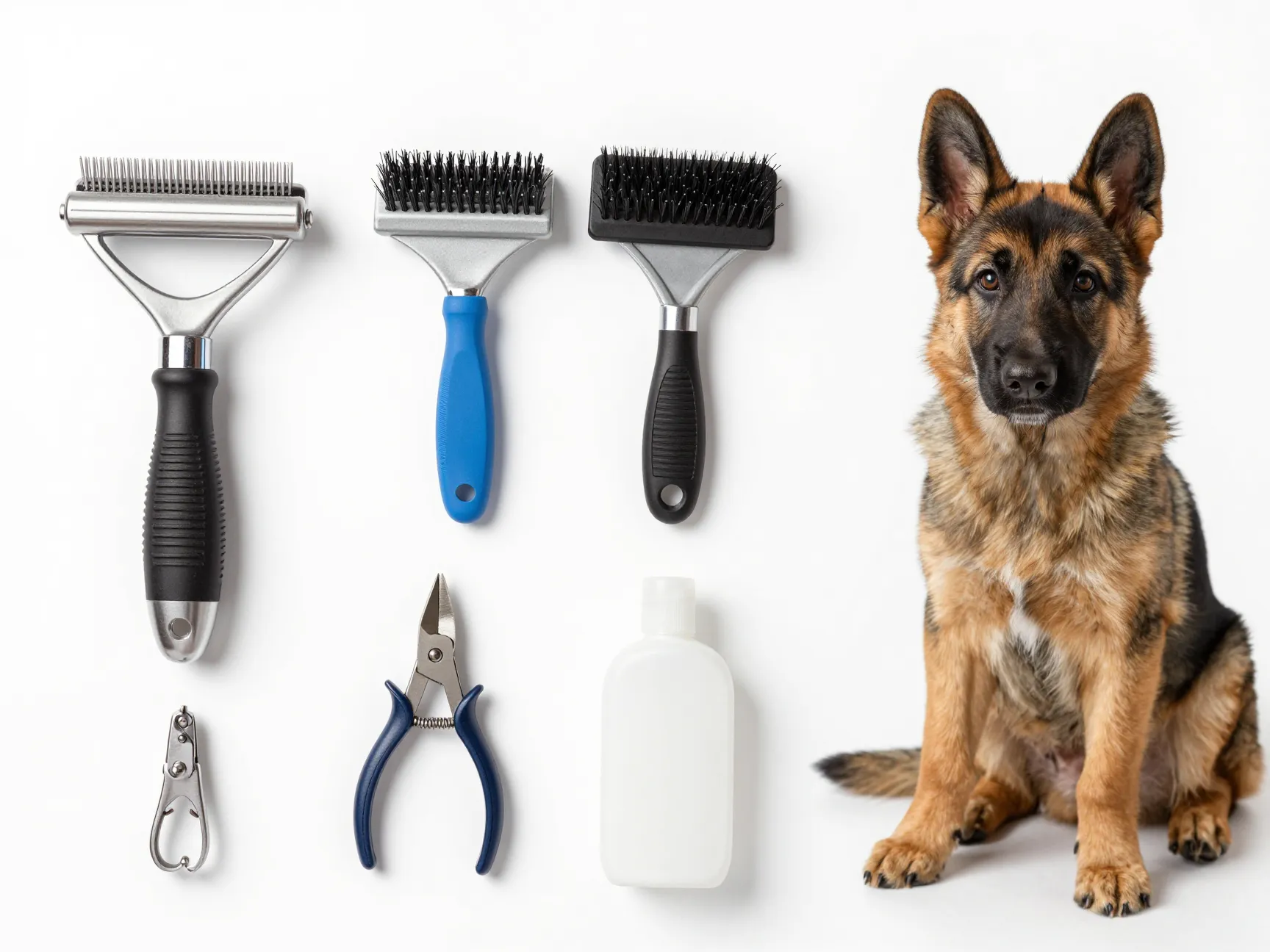 German shepherd grooming tools laid out flat lay