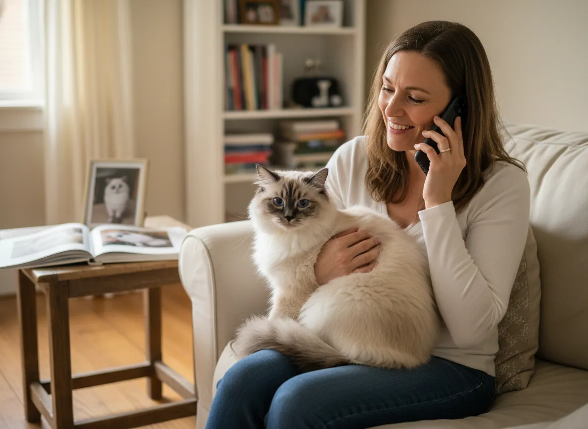 Happy family on phone call with breeder reference holding ragdoll cat