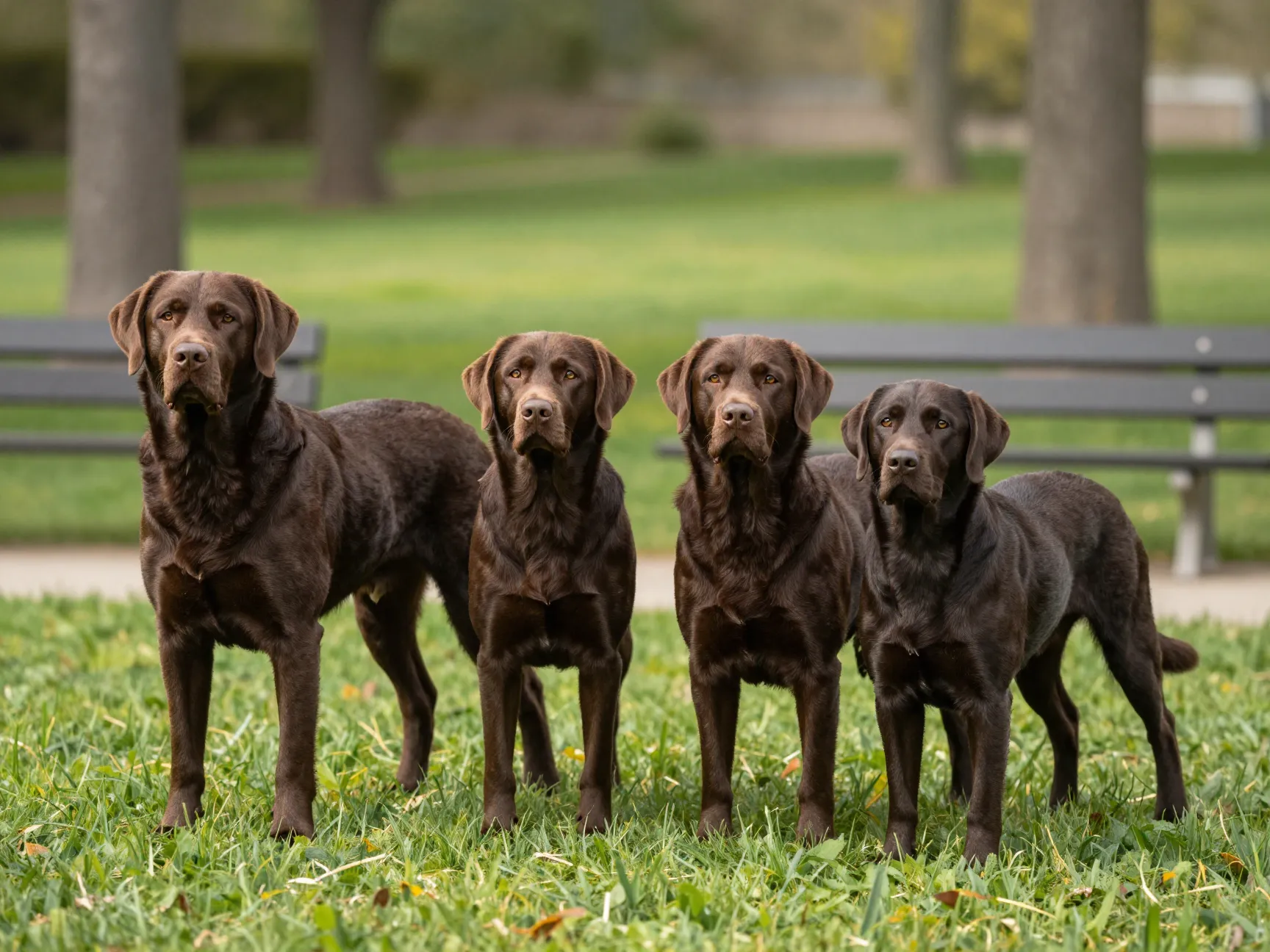 Side by side comparison of a male and female adult chocolate lab