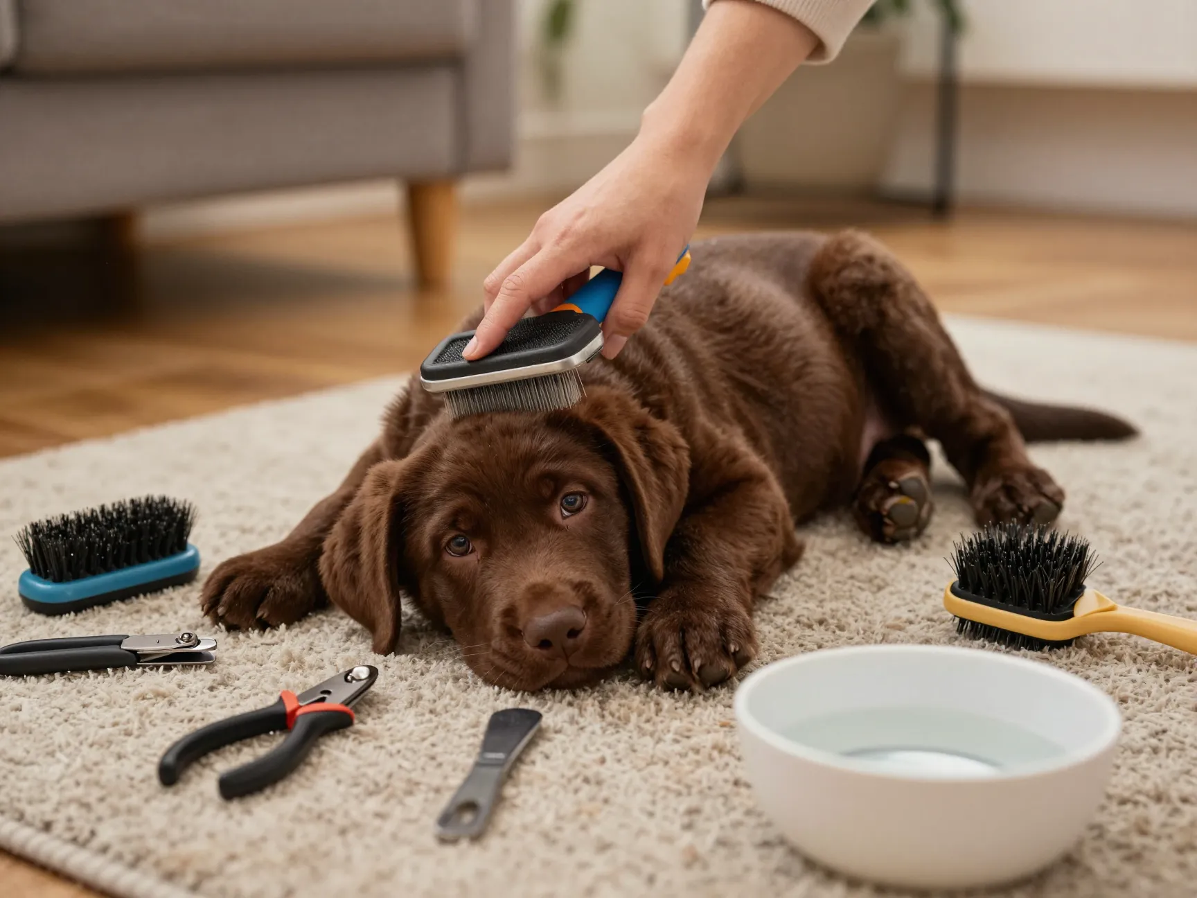 Chocolate lab puppy being brushed with grooming tools laid out