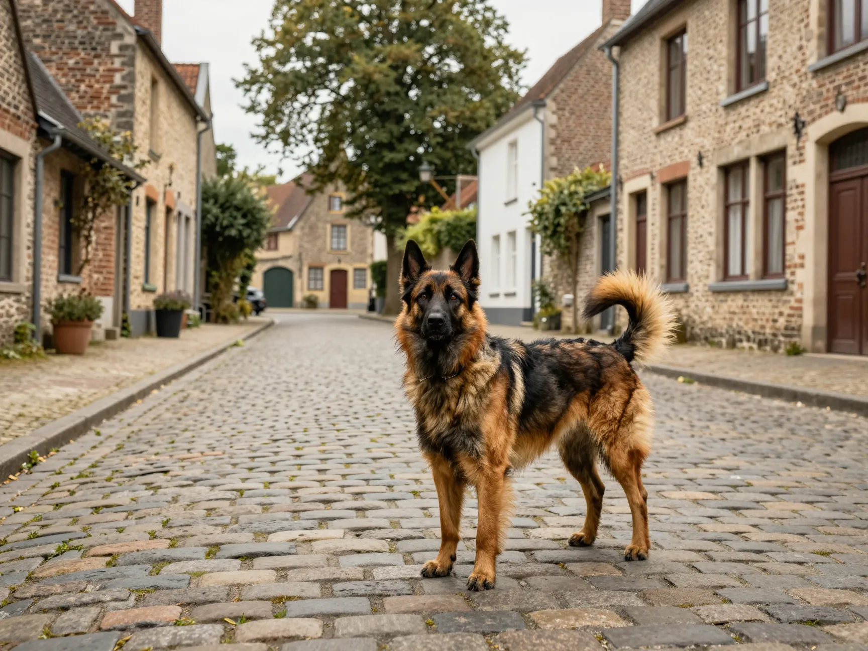 Belgian tervuren dog in historic village tervuren street with cobblestones