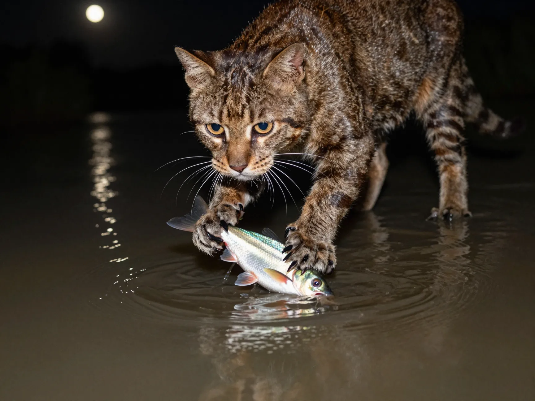 Fishing cat wading at night in asian wetland scooping a fish