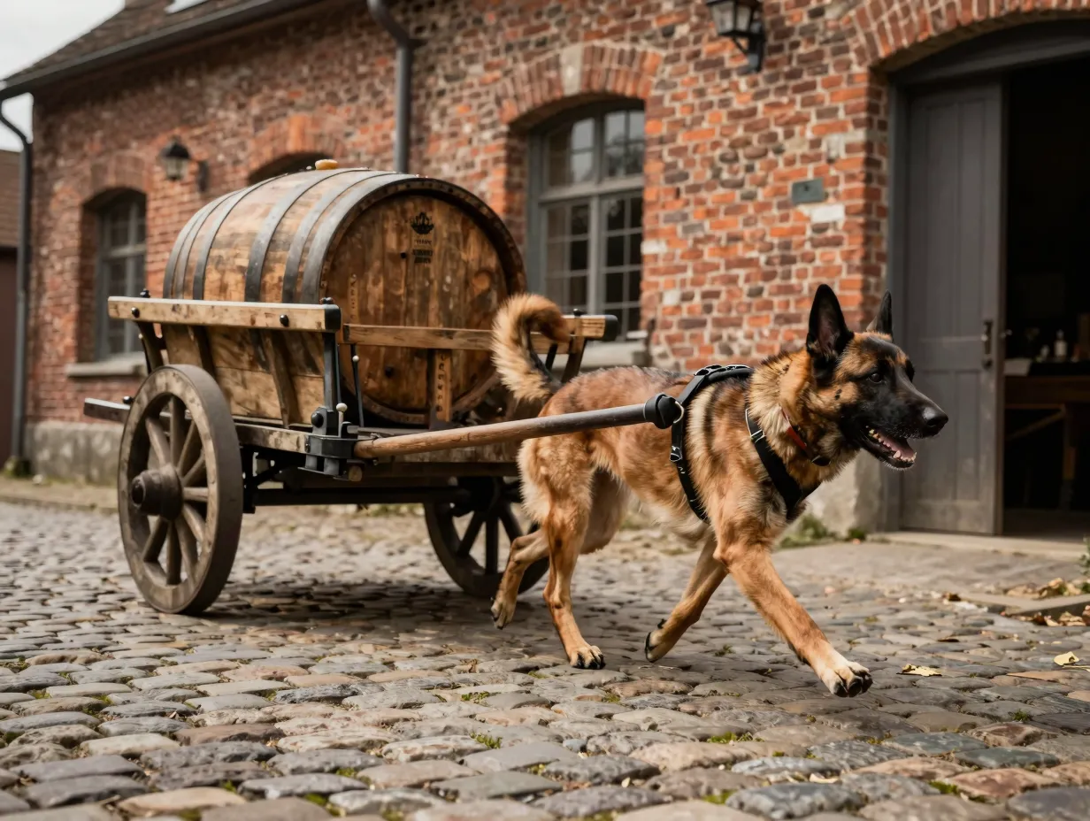 Belgian tervuren pulling wooden beer cart outside rustic brewery