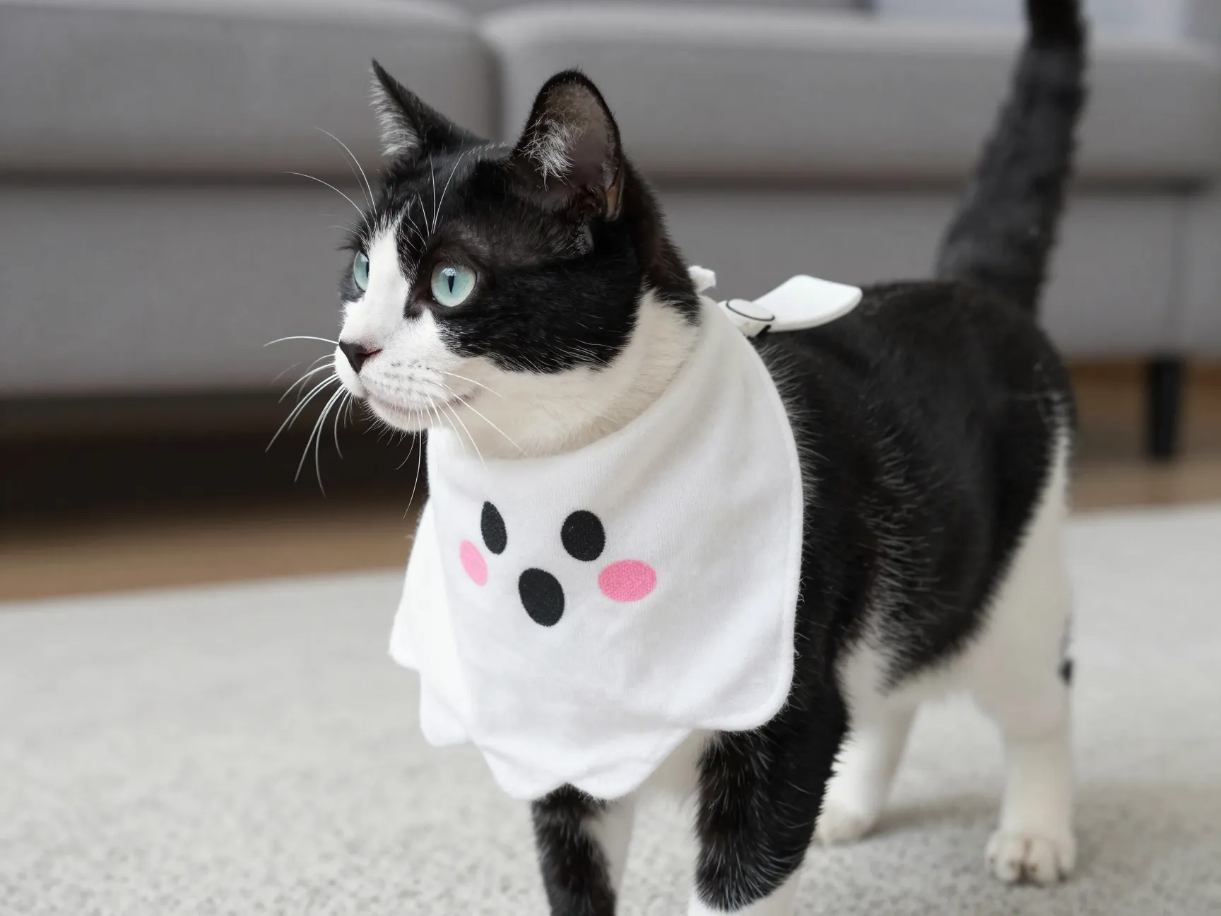 Cat wearing white ghost bandana bib with kawaii face