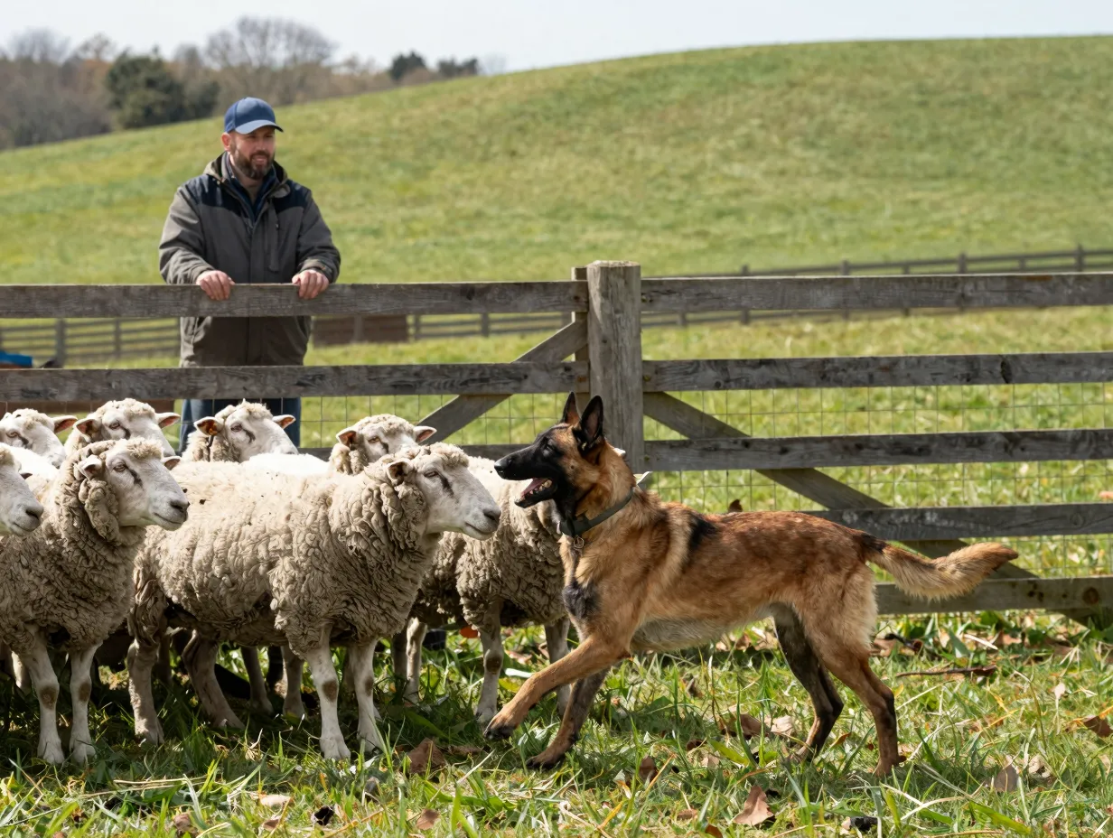 Belgian tervuren herding sheep while guarding a rustic farm fence