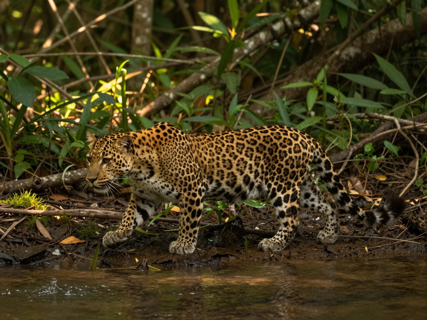 Leopard cat stalking near a forest stream in asia