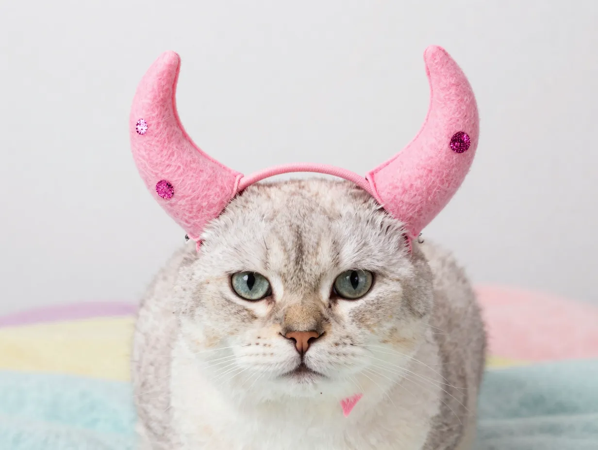 Cat with pastel pink devil horns and elastic headband