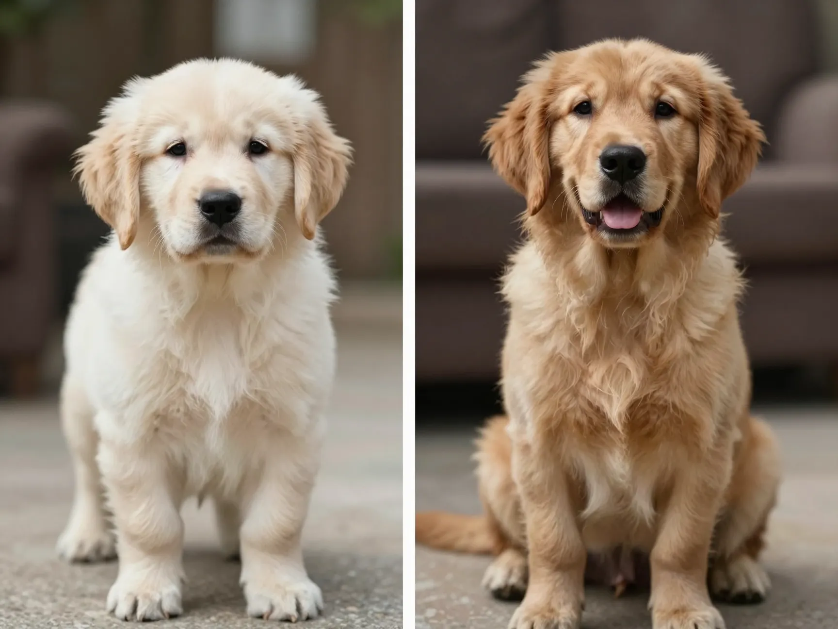 Adult golden retriever coat darkening from pale cream puppy coat