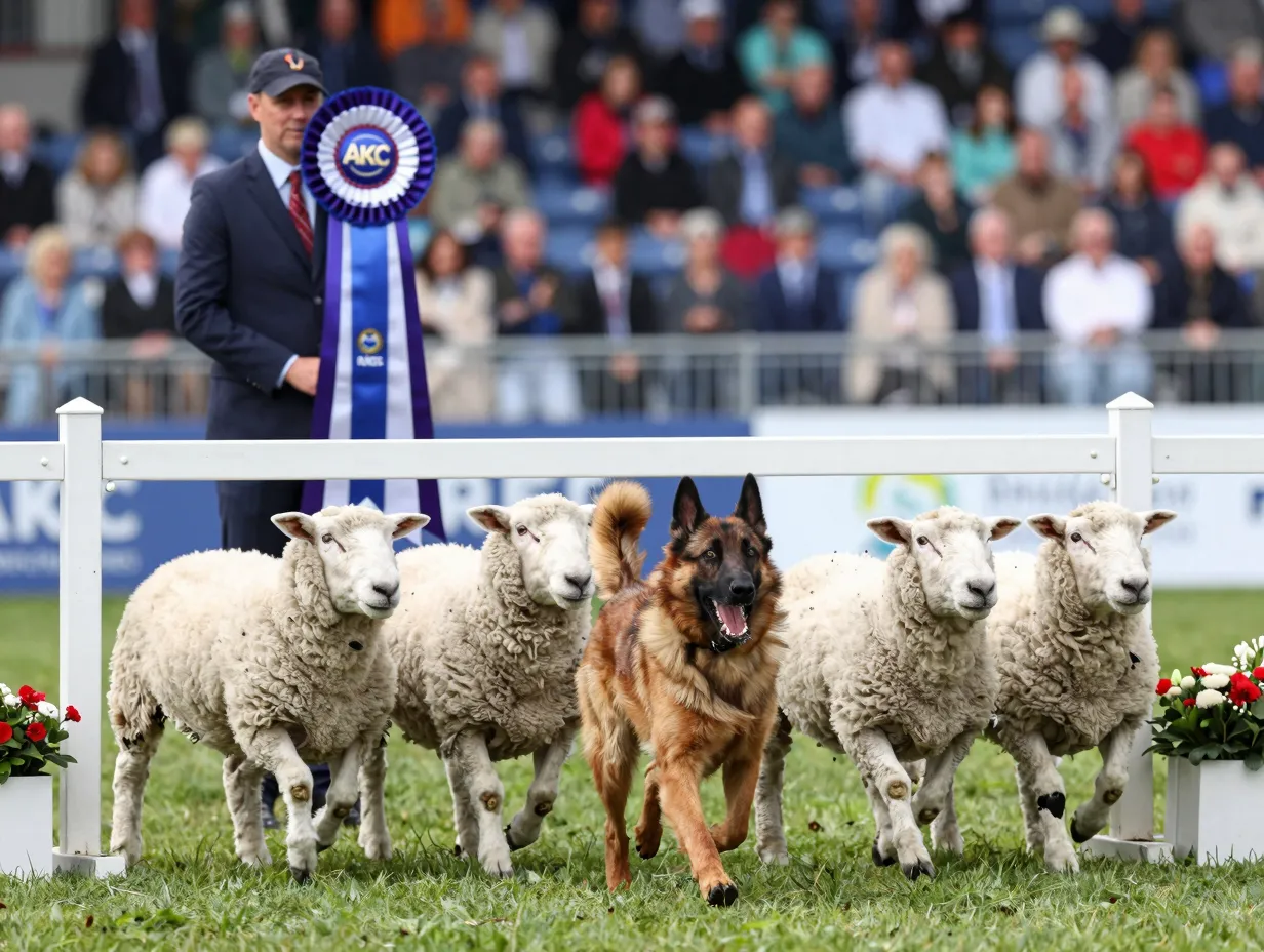 Belgian tervuren winning first akc herding championship with sheep
