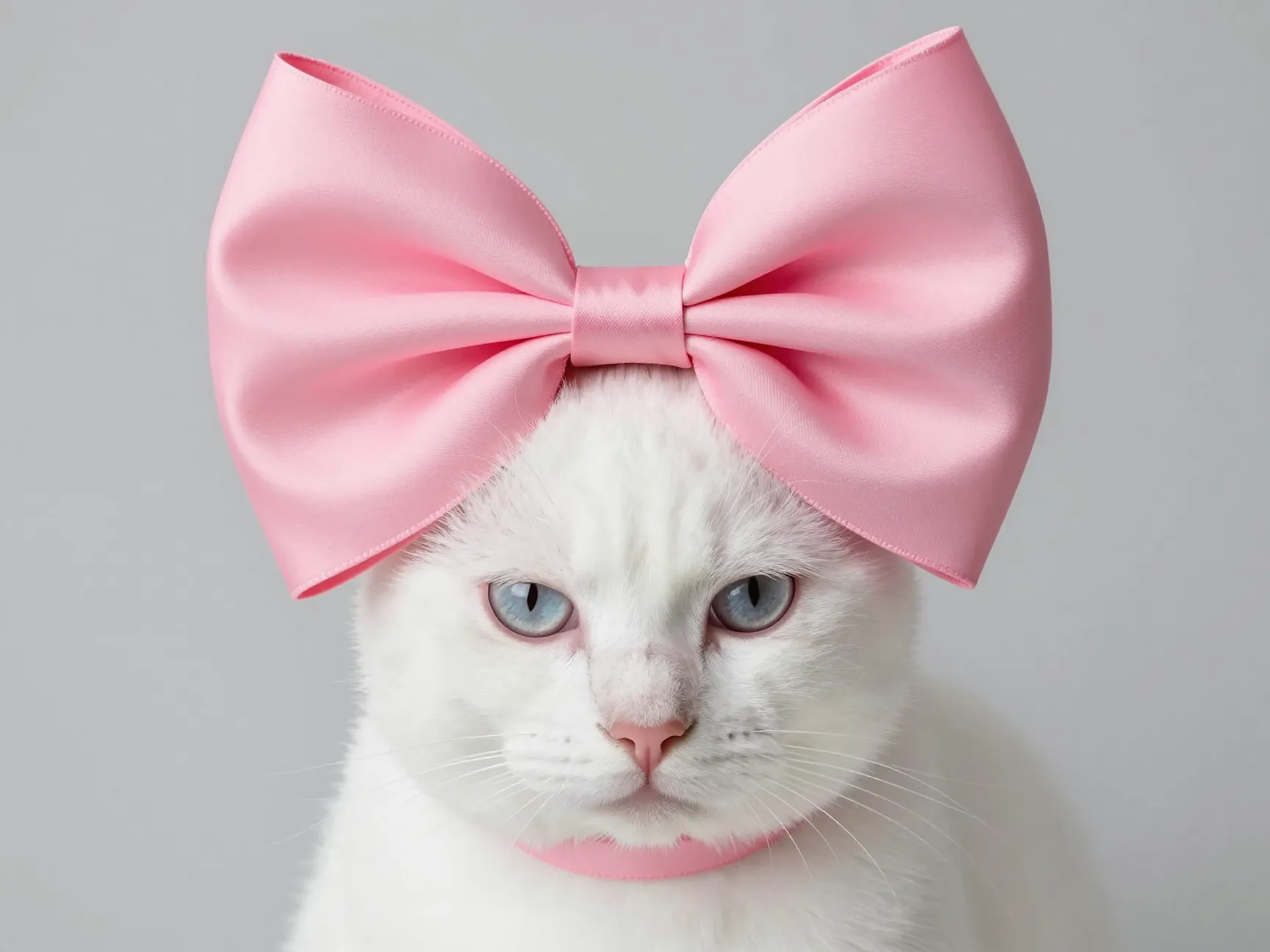 Cat with oversized pink satin bow between its ears