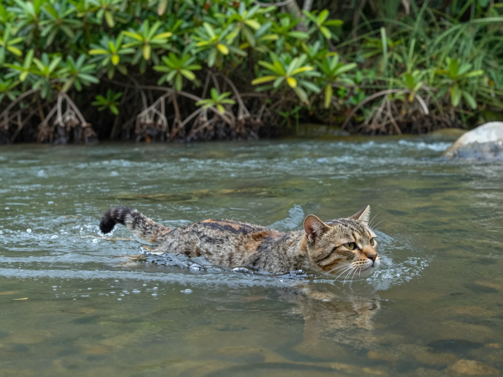 Critically endangered iriomote cat swimming across a river