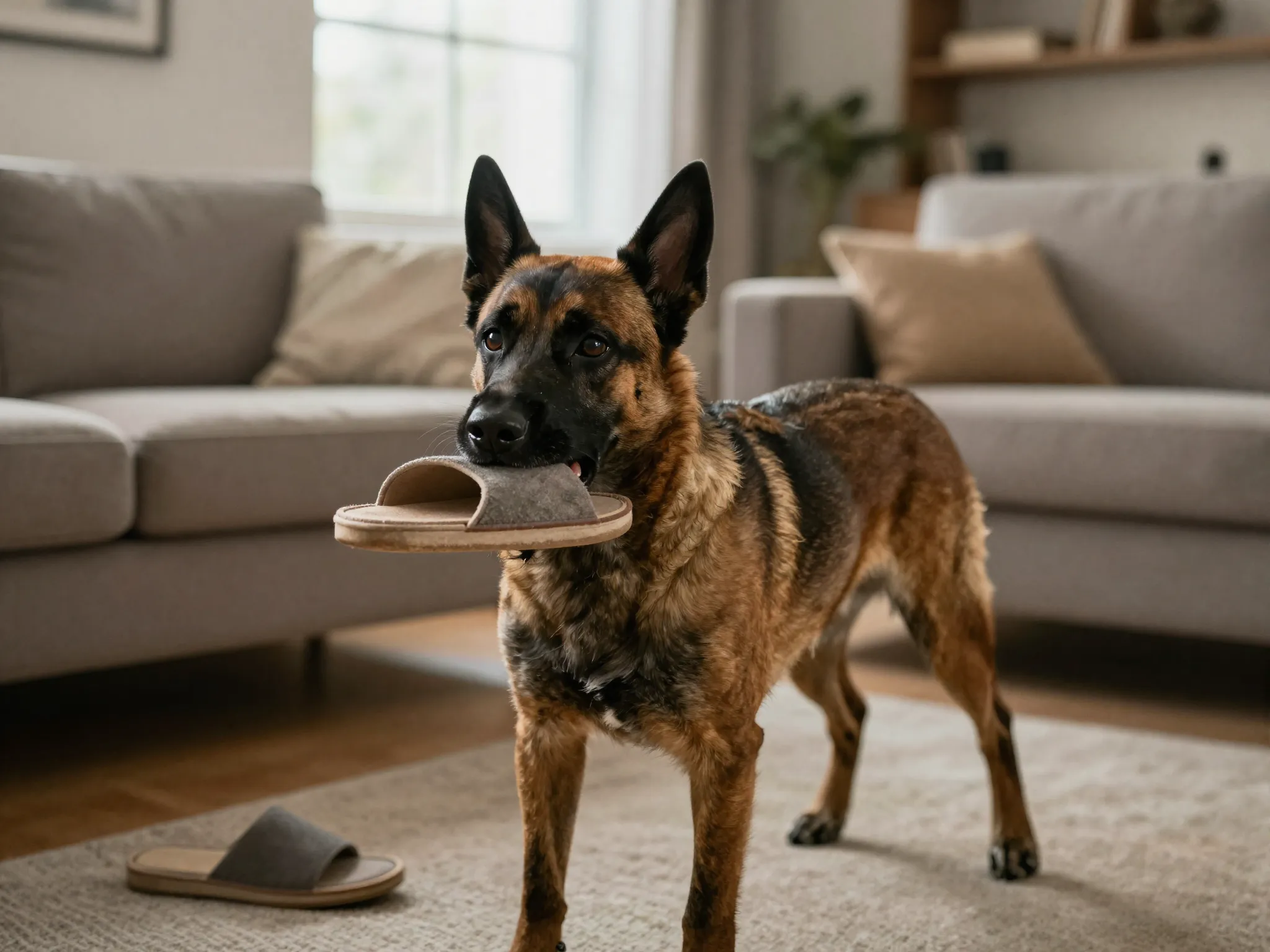 Belgian tervuren dog playfully stealing a slipper in a living room