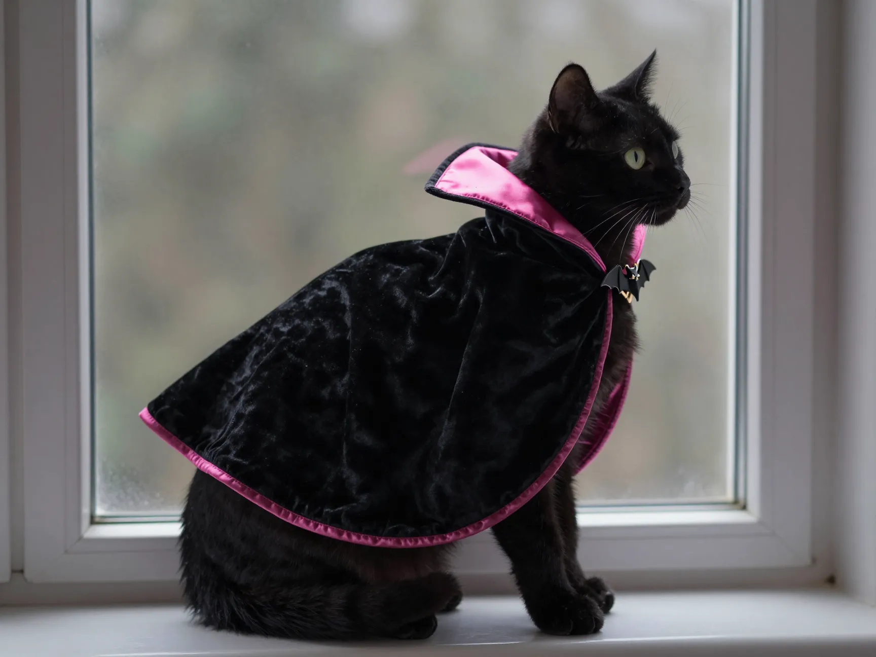Cat wearing black velvet dracula cape with pink lining