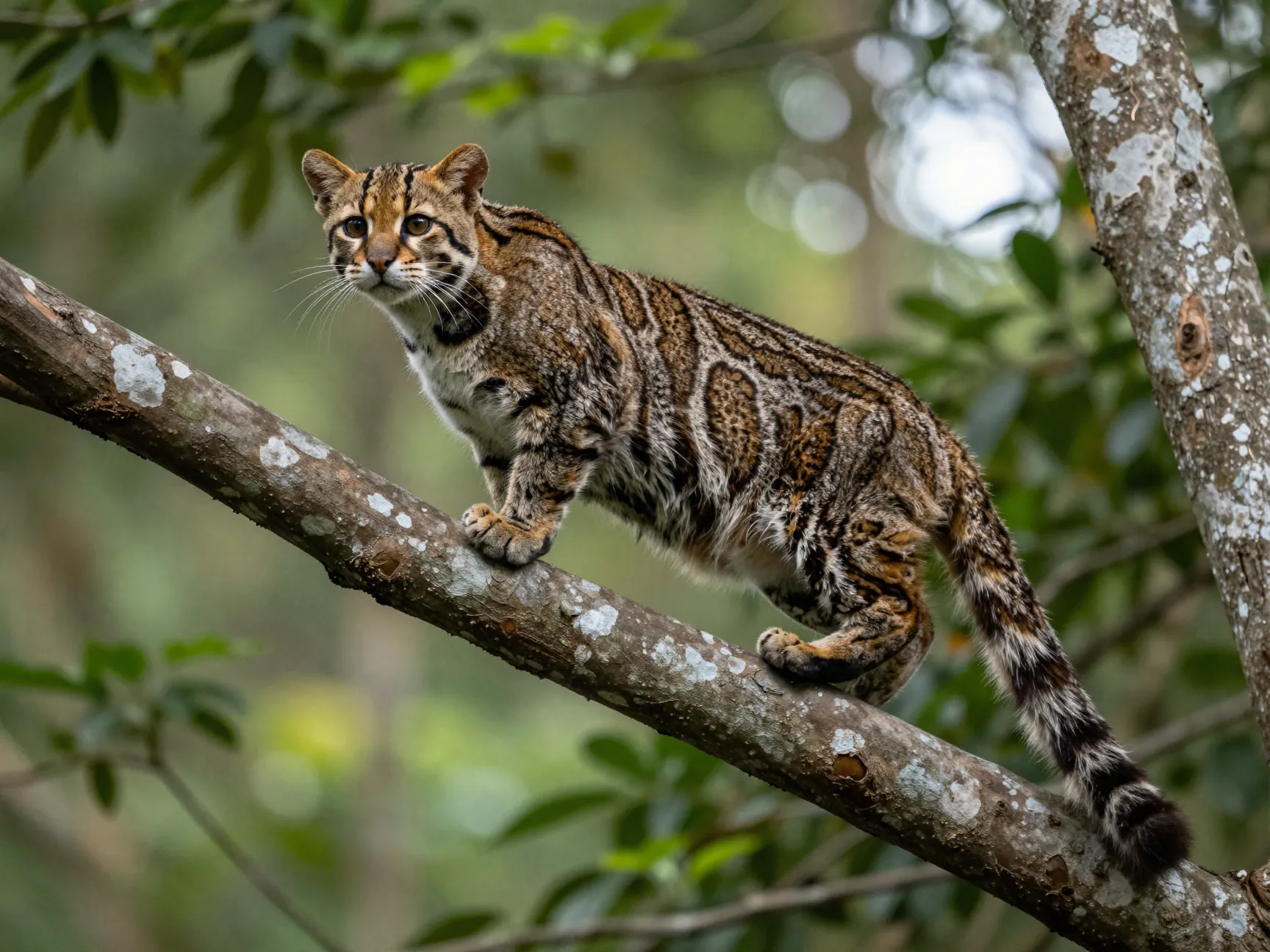 Marbled cat in tree with long tail and stunning coat pattern