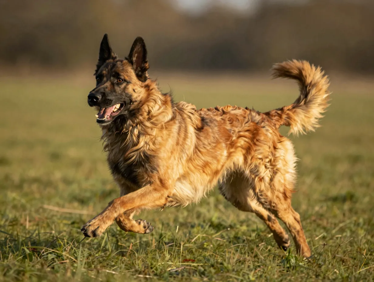 Athletic belgian tervuren running through a field showcasing its build