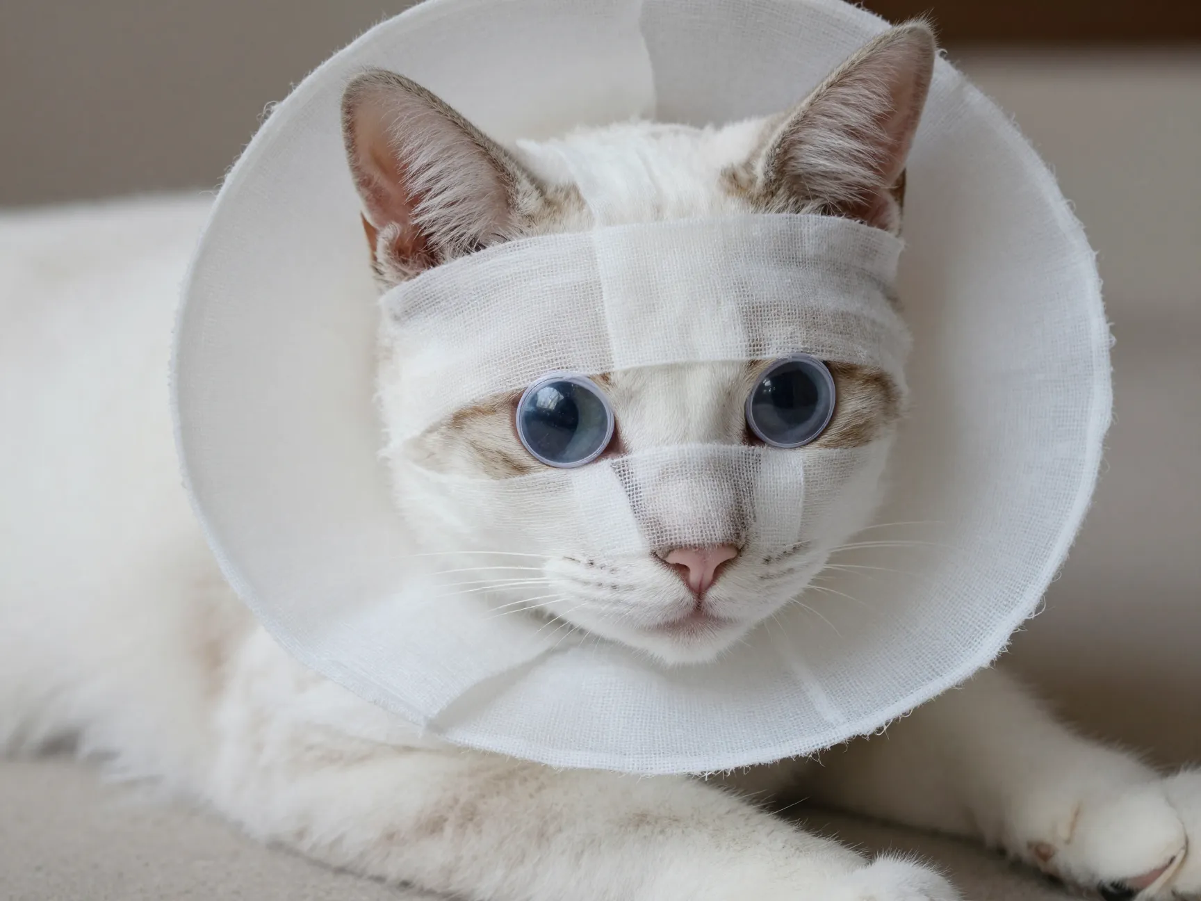 Cat with white gauze mummy wrap collar and googly eyes