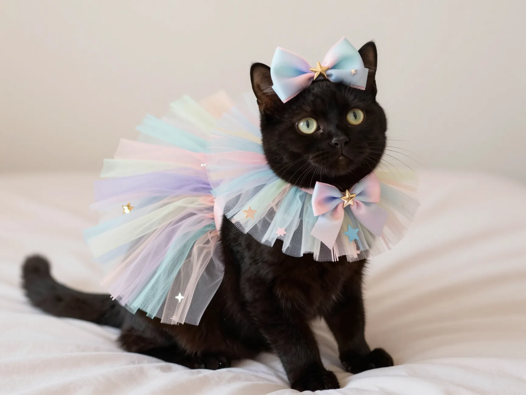 Black cat wearing pastel tulle fairy kei ruff and bow