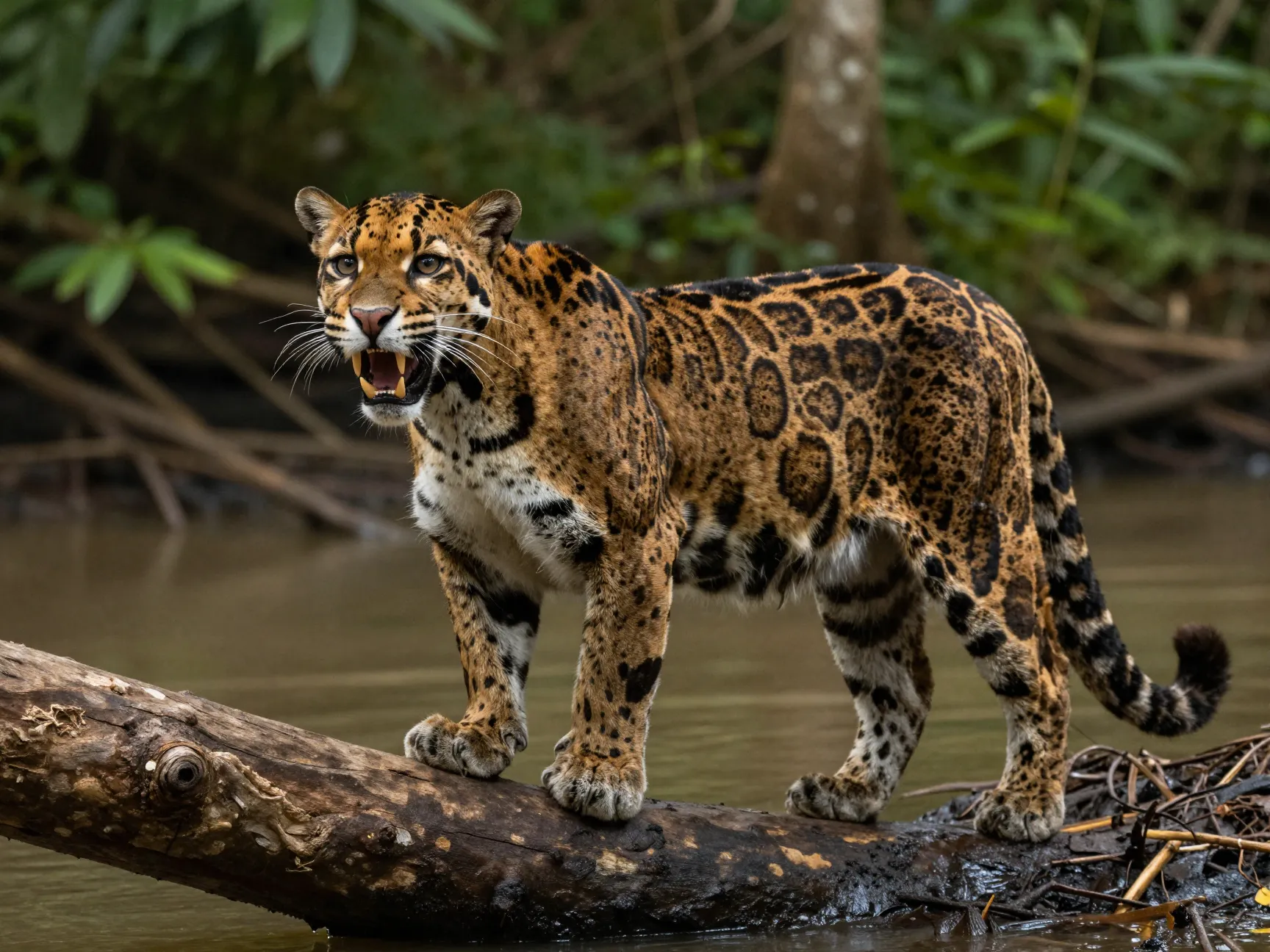 Clouded leopard with large canines in riverine forest habitat