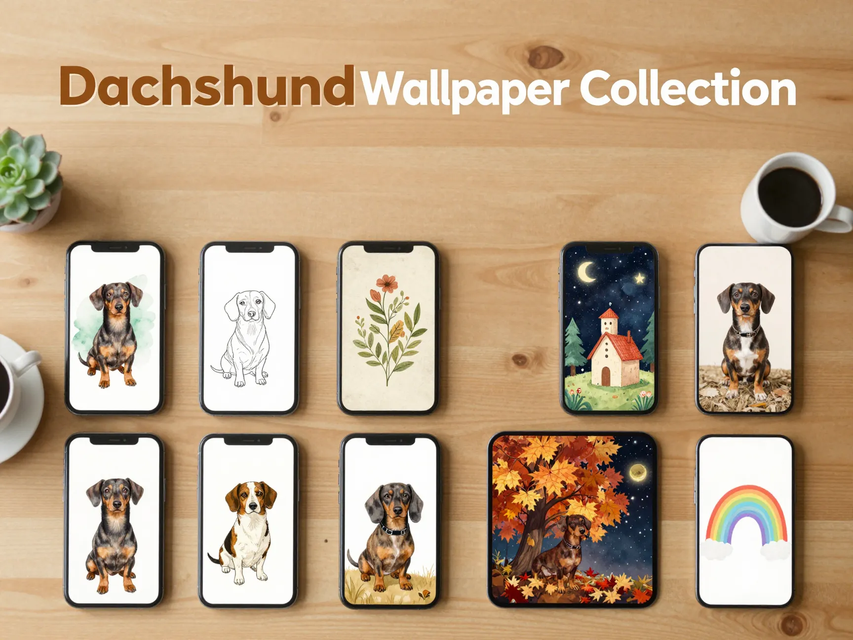 Eight dachshund wallpaper styles smartphone mockup grid flat lay