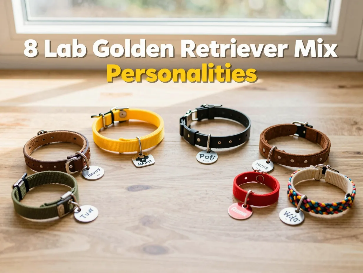 Eight goldador mix collar flat lay personality guide