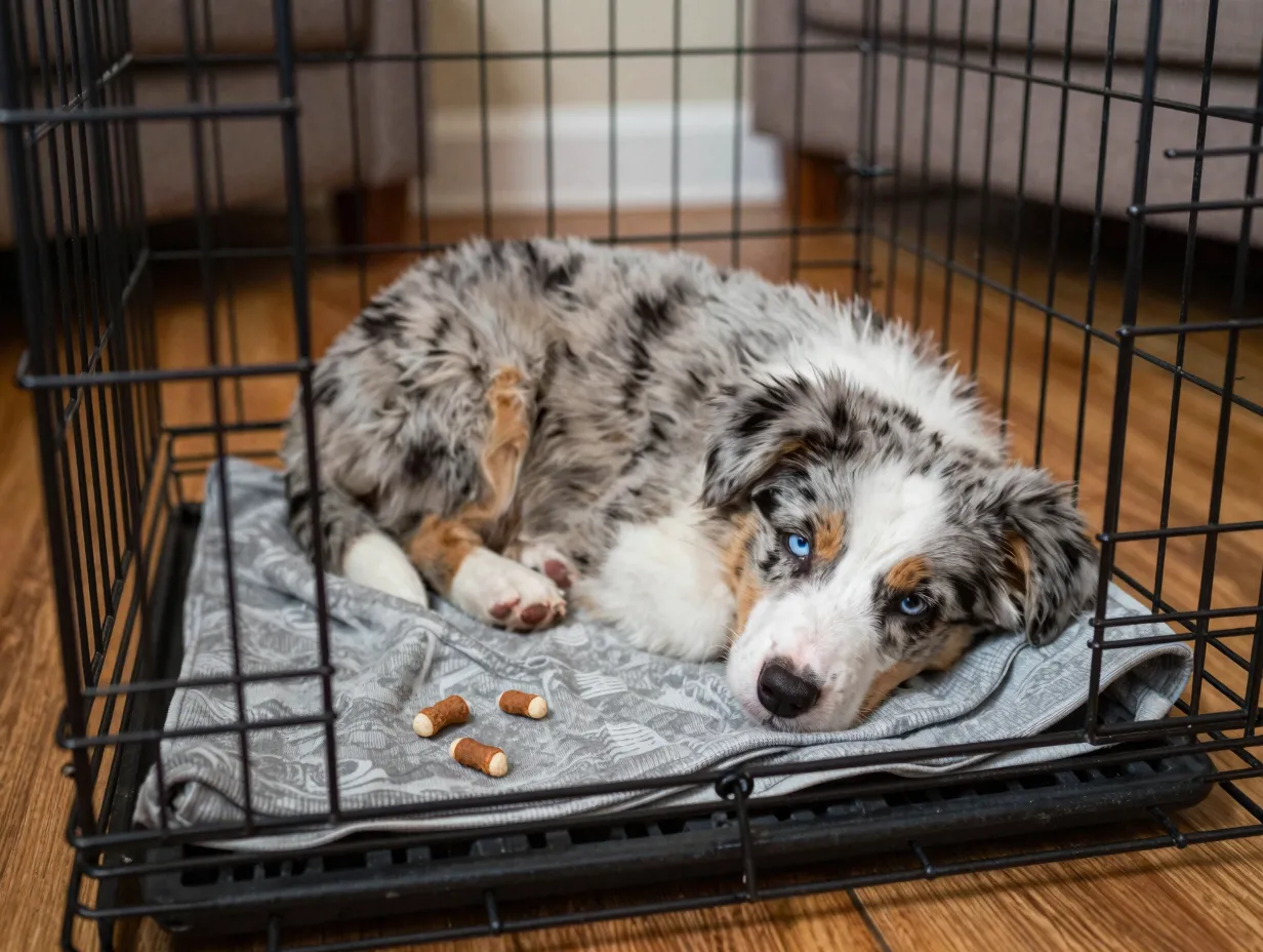 Blue merle australian shepherd puppy sleeping on worn shirt in crate