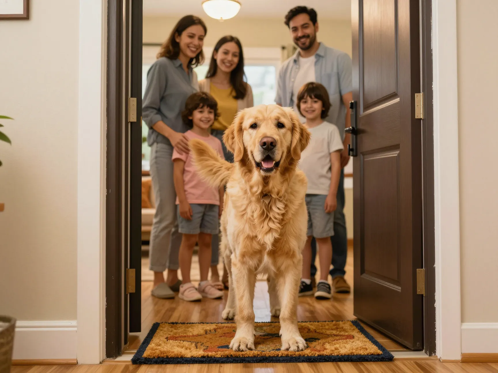 Classic goldador dog greeting family at front door wagging tail