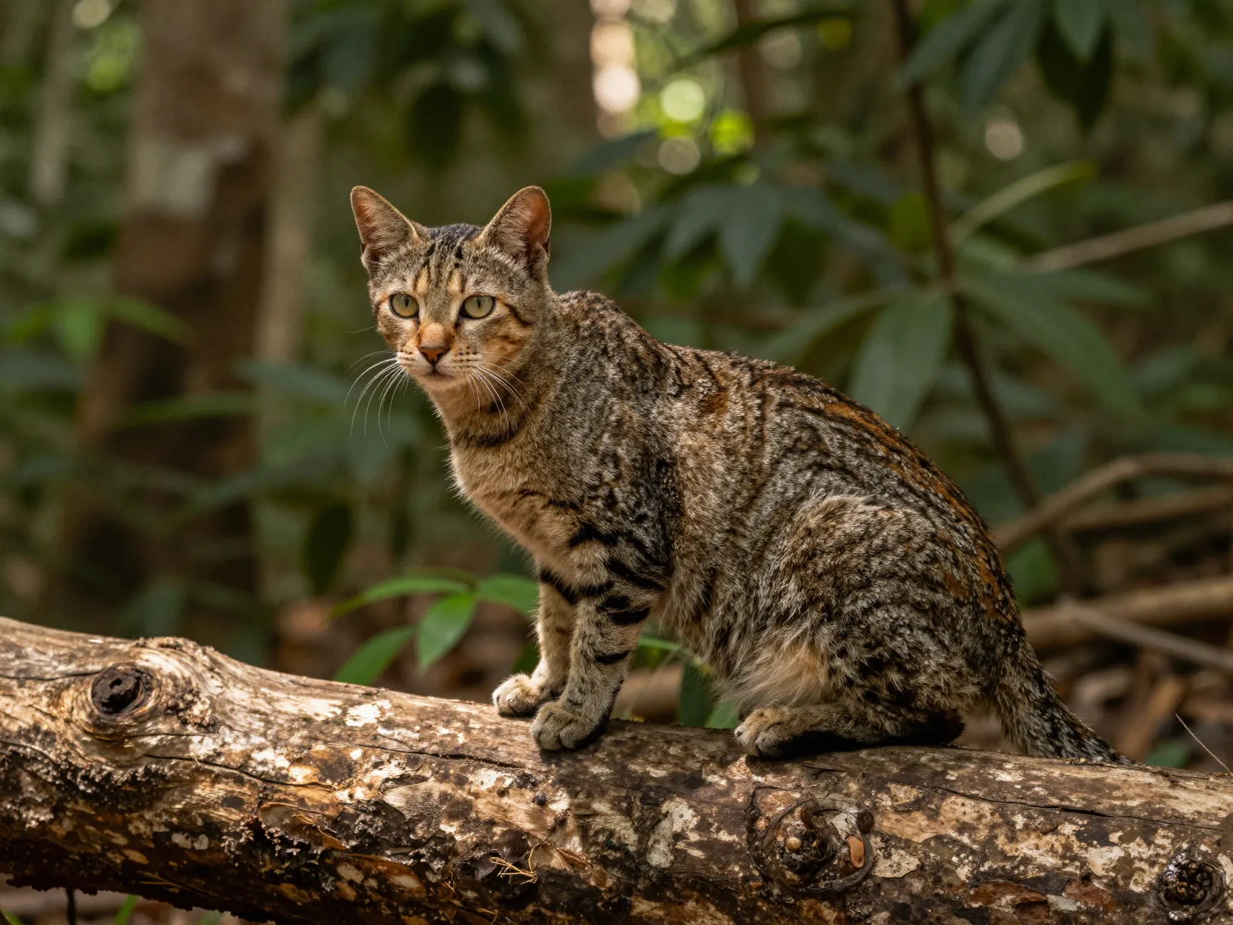 Sokoke cat with bark pattern coat in african forest clearing