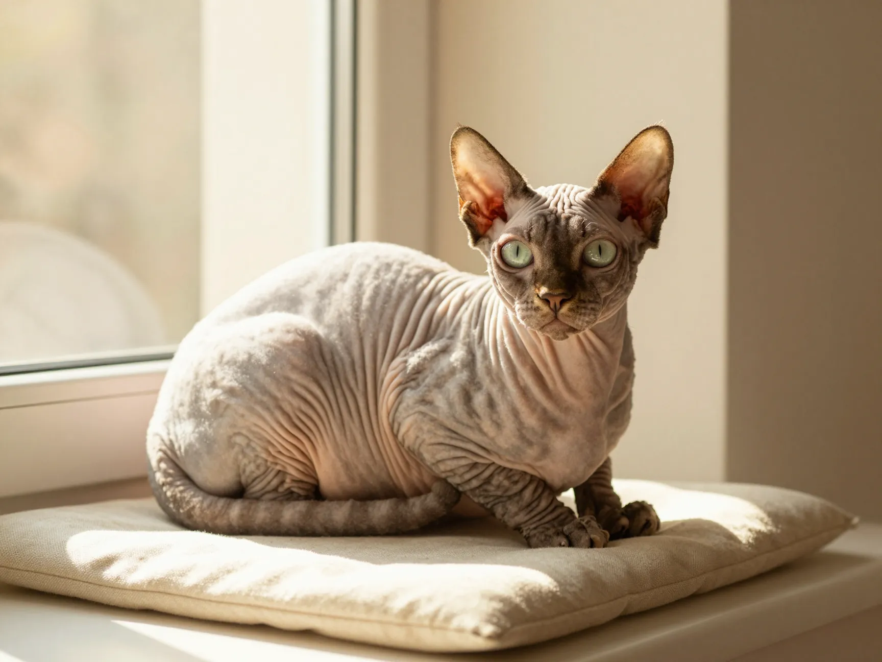Elegant hairless peterbald cat on warm sunlit window sill