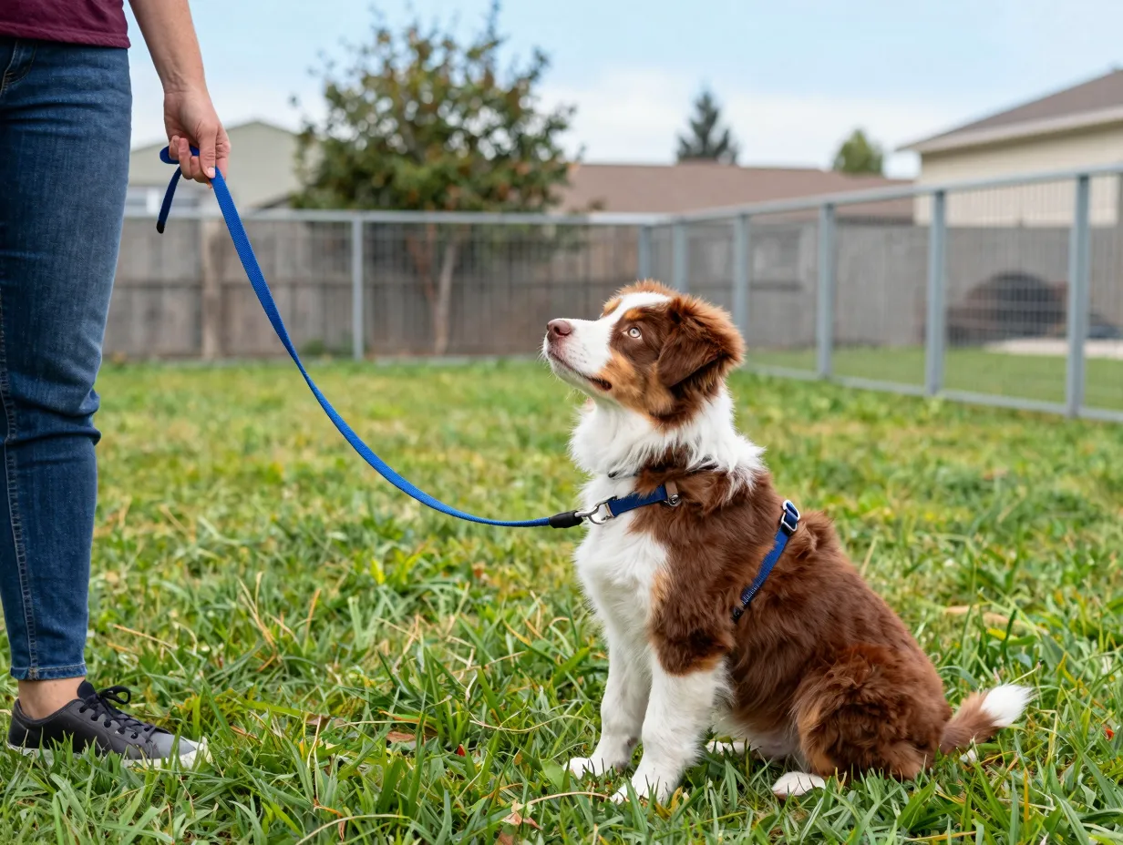 Person using leash with aussie puppy in fenced backyard