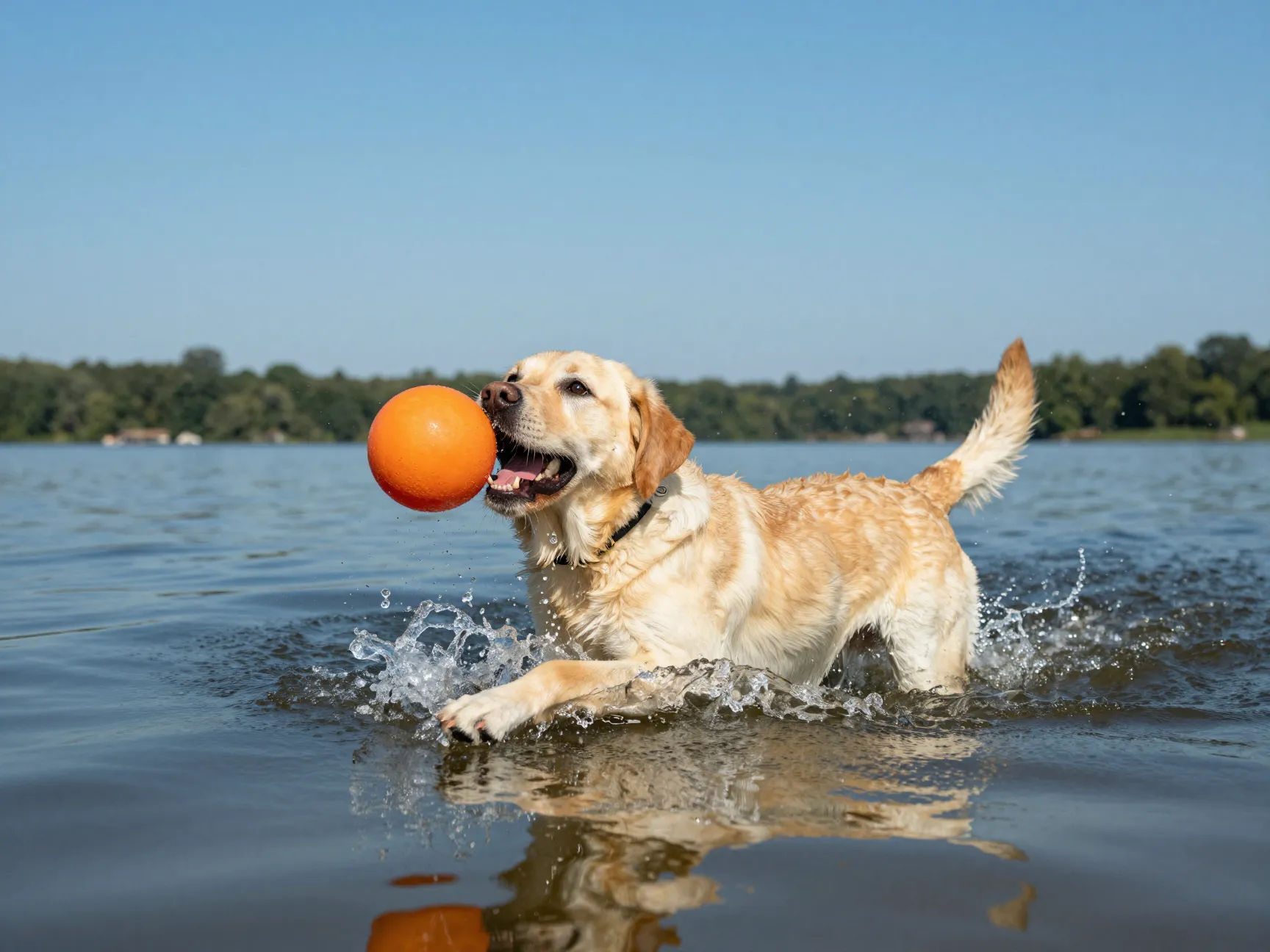 Yellow lab golden mix dog swimming energetic fetch lake