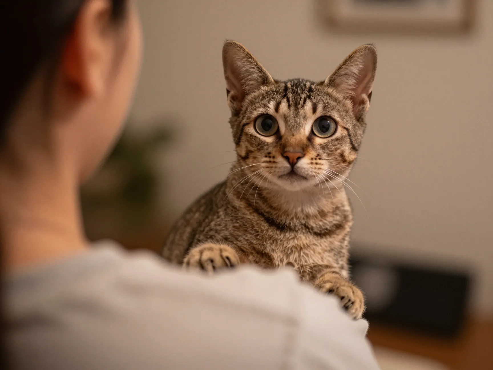 Tiny singapura cat perched on a persons shoulder observing