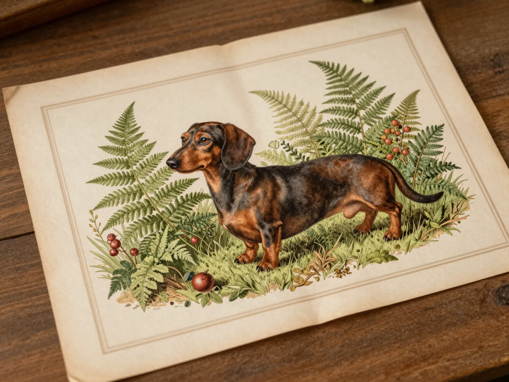 Vintage botanical illustration dachshund among ferns