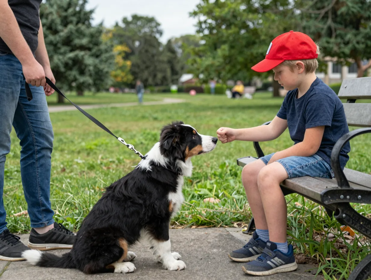 Aussie puppy meeting child wearing baseball hat calmly
