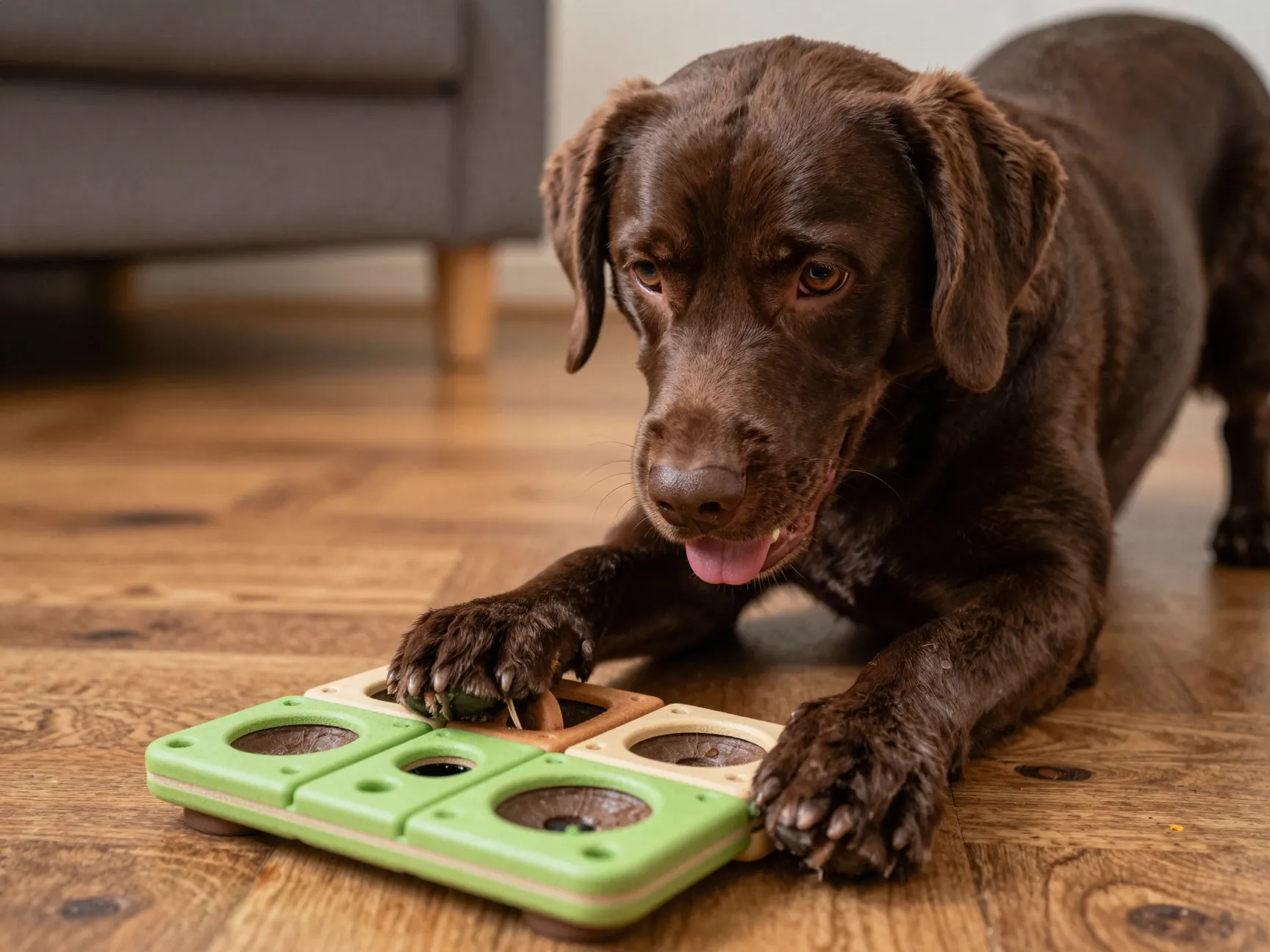 Chocolate lab golden mix playful mischievous dog puzzle toy