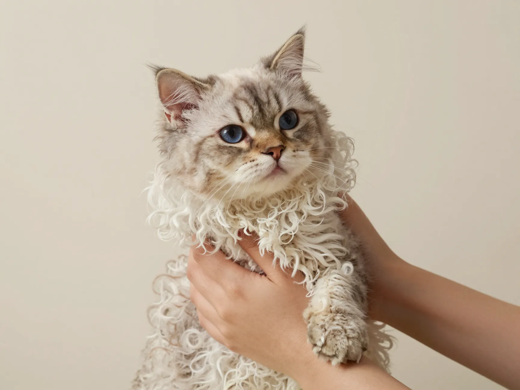 Laperm cat with tight ringlet curls being gently held