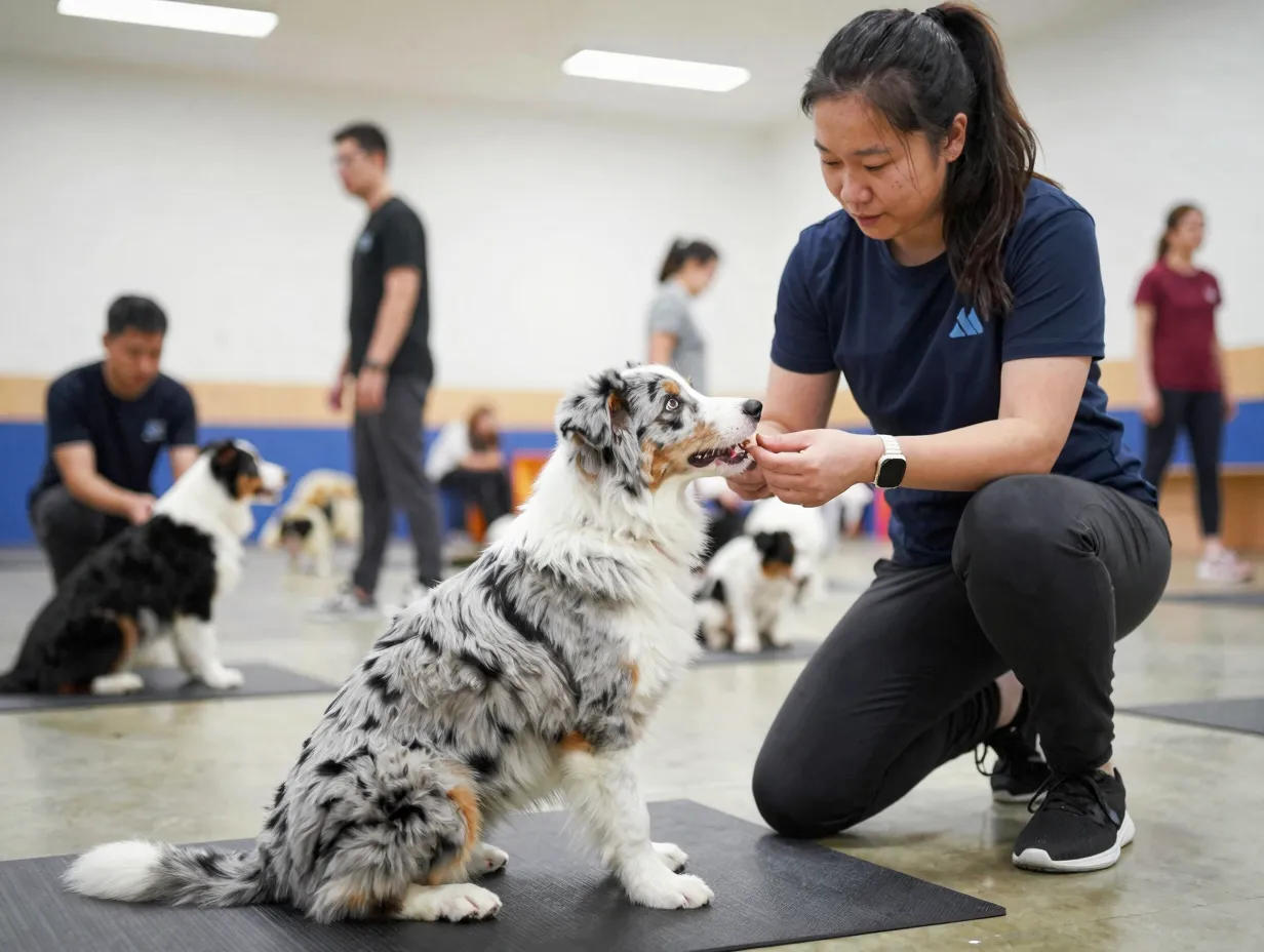 Aussie puppy practicing sit command in group obedience class